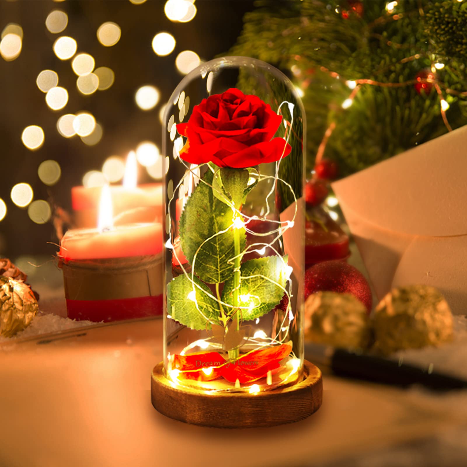 Beauty and The Beast Rose in Glass Dome - Artificial Red Rose Flower Gift for Her, Valentine's Day, Birthday, Anniversary & Wedding - Lasts Forever - Perfect Romantic Home Decor & Gift Idea