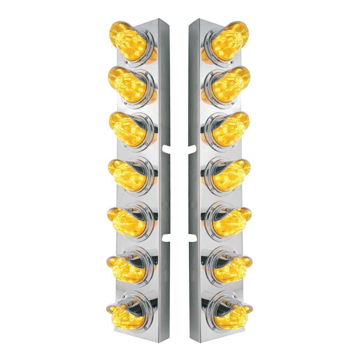 United Pacific 37366 Stainless Steel Front Air Cleaner Bracket with Visor Bezel & 14 Watermelon LED Lights (11 LEDs per Light) for Kenworth Trucks – Amber LED/Amber Lens - Set of 2 - Heavy Duty Truck Accessories for Improved Visibility & Style