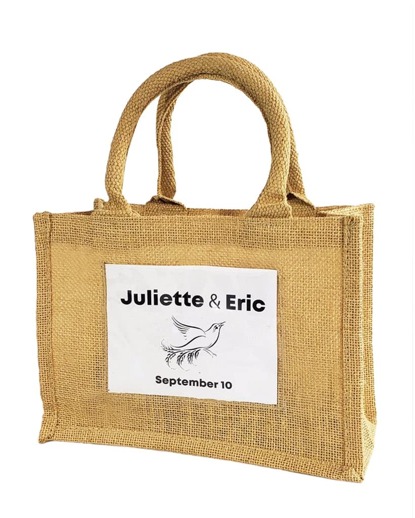 Natural Jute Burlap Wedding Welcome Gift Bags - Sturdy Rustic Small Bags with Clear Front Pocket for Party Favors, Bridal Shower, Baby Shower & Events