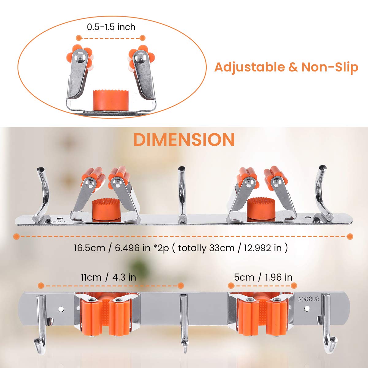 2 Pack Heavy Duty Stainless Steel Broom Holder Wall Mount - 4 Racks & 6 Hooks for Bathroom, Kitchen, Office, Closet, Garden - Space Saving Storage Organizer for Brooms, Mops, Tools and Cleaning Supplies