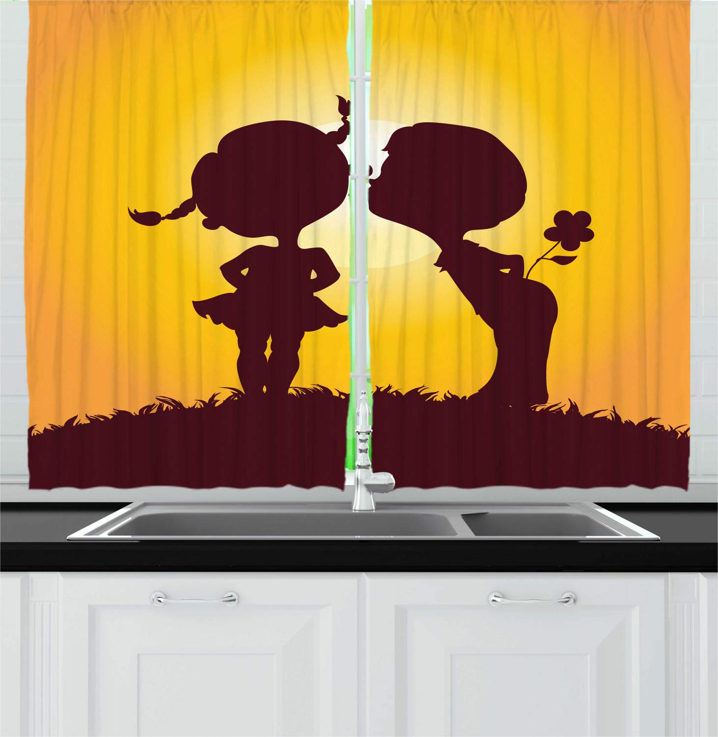 Ambesonne Kissing Kitchen Curtains Set of 2 Panels - Silhouette Couple in Sunset Cartoon Design, Dark Maroon & Pale Orange Window Drapes 55