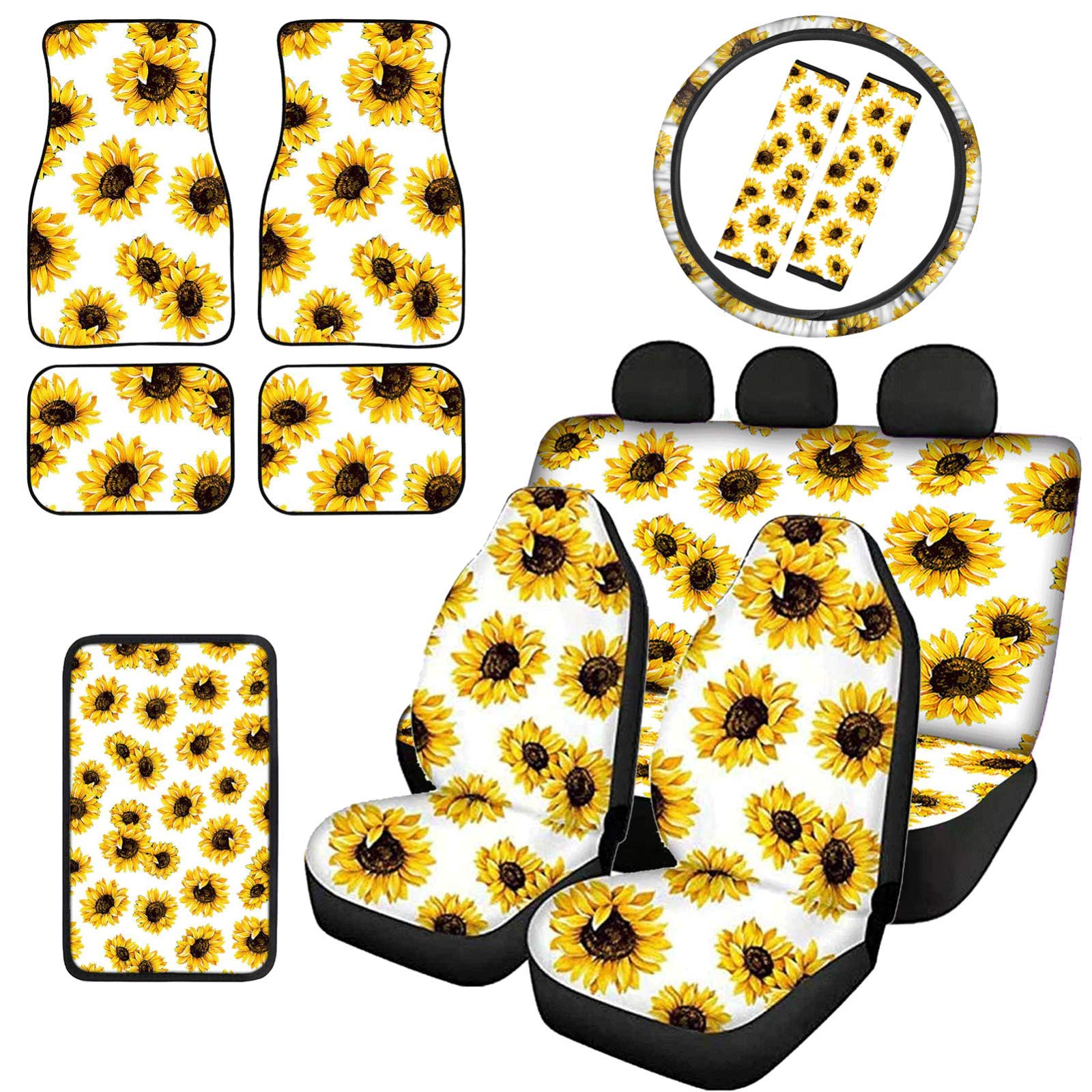 12-Piece Sunflower Car Interior Accessories Set - Waterproof Floor Mats, Seat Covers, Steering Wheel Cover & Seat Belt Pads for Cars, Sedans & Trucks | Perfect for Road Trips & Daily Commutes