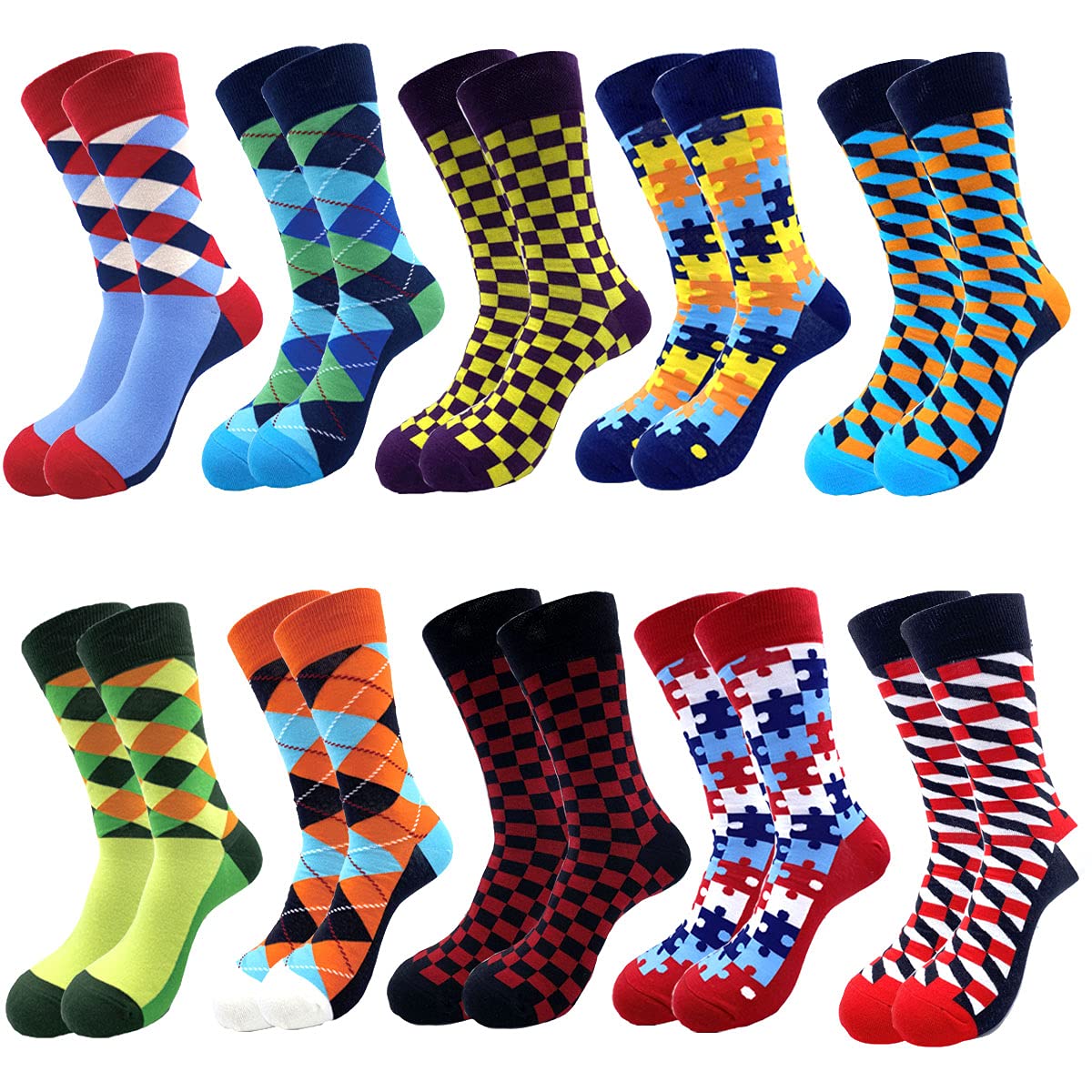 Rockbottom Fun Socks for Men - Novelty Crazy Crew Dress Socks with Cool Cute Food & Animal Graphics (10-Pack Lattice Classic, Size 9-12) - Perfect for Gifts, Parties & Casual Wear