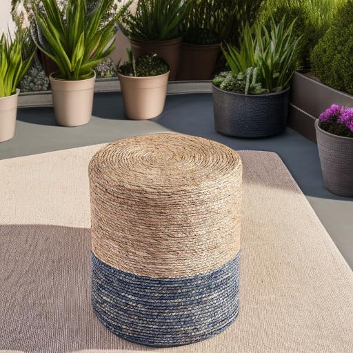 Wimarsbon Natural Seagrass Handwoven Round Ottoman Footstool - Eco-Friendly Living Room & Outdoor Seating (Natural & Blue) - Perfect for Home Decor, Patio Furniture, and Cozy Reading Nooks