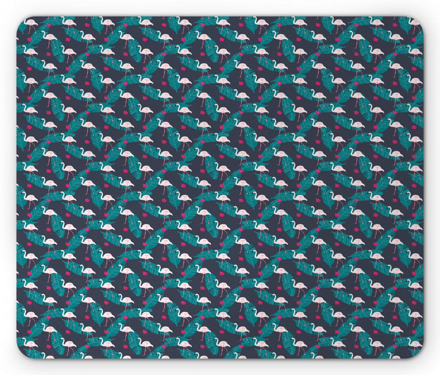 Ambesonne Flamingo Mouse Pad - Pink Tropical Bird & Hibiscus Banana Leaves Design, Non-Slip Rubber Base, Standard Size Rectangle Mousepad (Hot Pink & Teal) for Office, Gaming & Home Computer Use