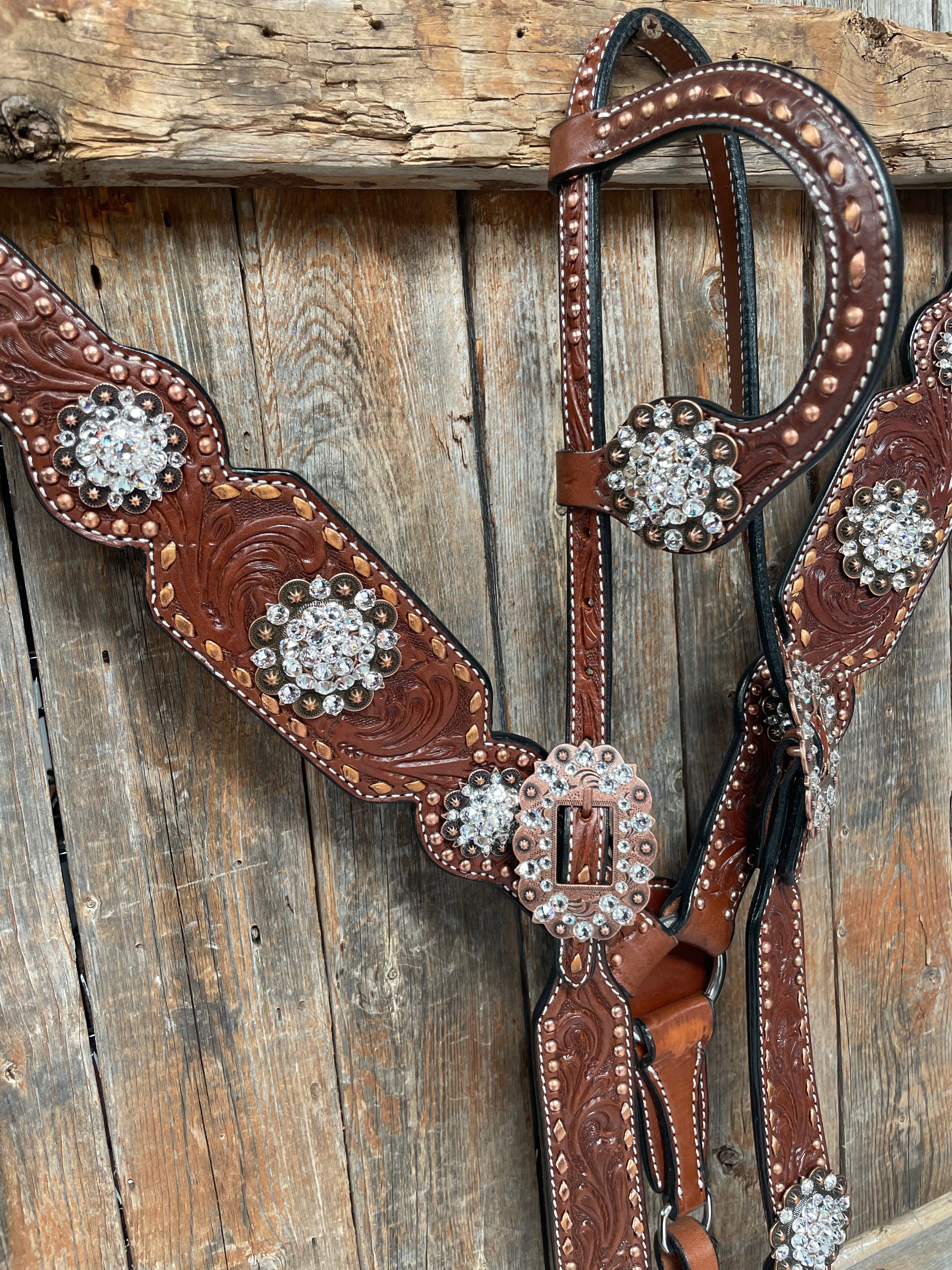 Premium Medium Oil Copper Buckstitch Clear One Ear & Breastcollar Tack Set #OEBC450 – Perfect for Western Riding, Horse Shows & Trail Riding