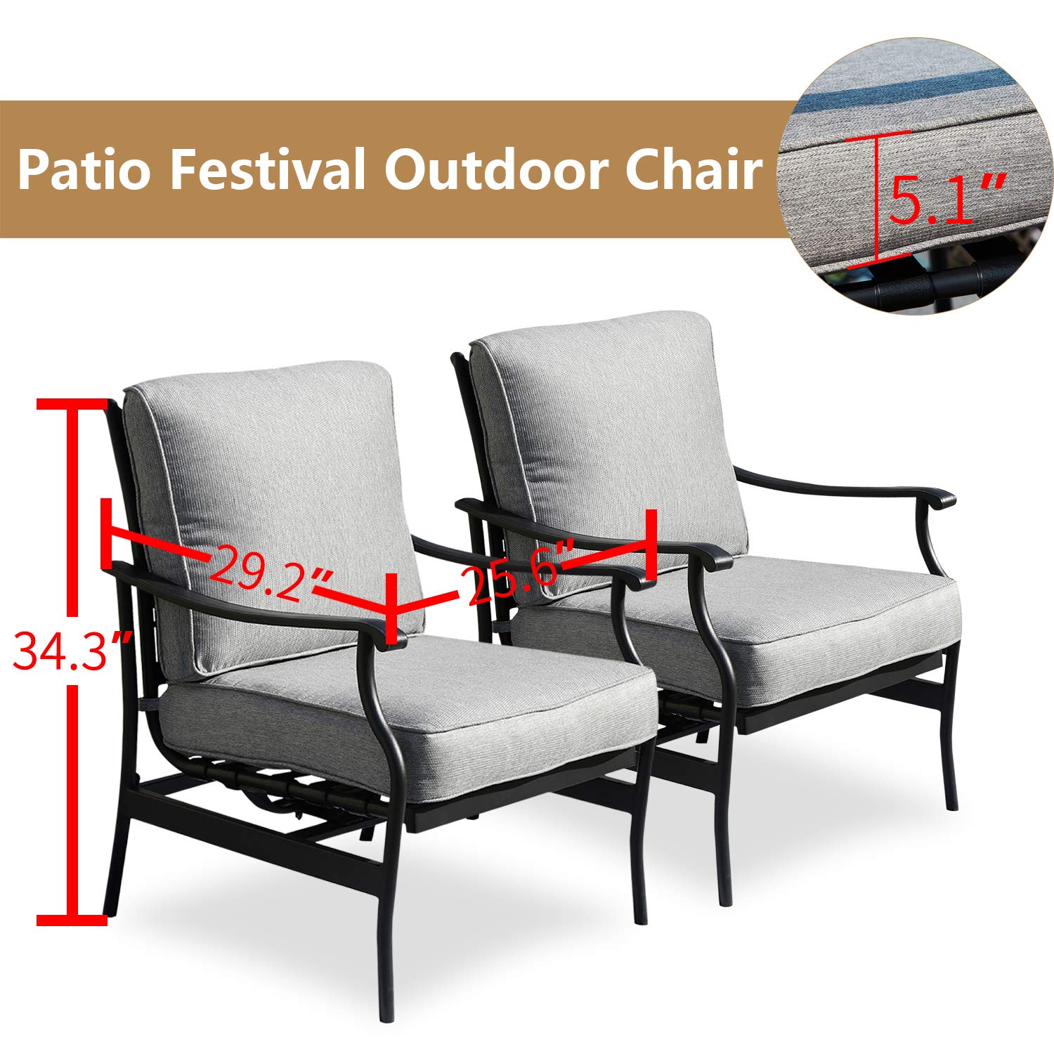 PatioFestival 2-Piece Outdoor Padded Conversation Set - Modern Bistro Cushioned Rocking Sofa Chairs with 5.1