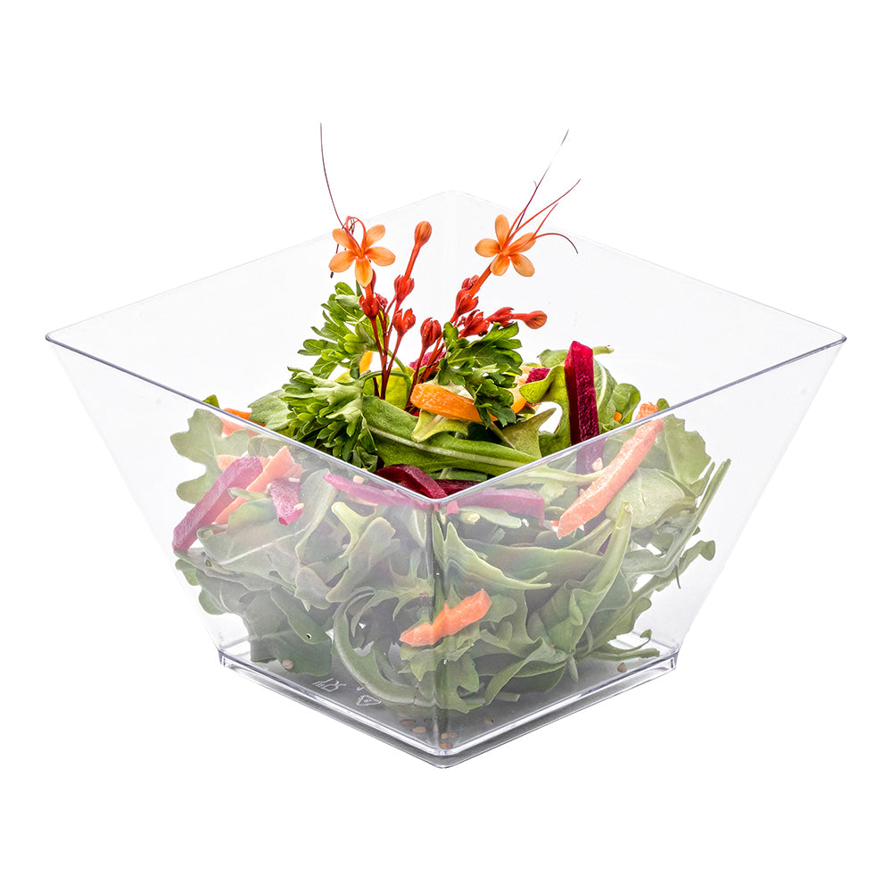 100-Pack 16 oz Square Clear Plastic Kova Bowls with 100 Silver Mini Plastic Spoons - Perfect for Parties, Catering, and Dessert Serving