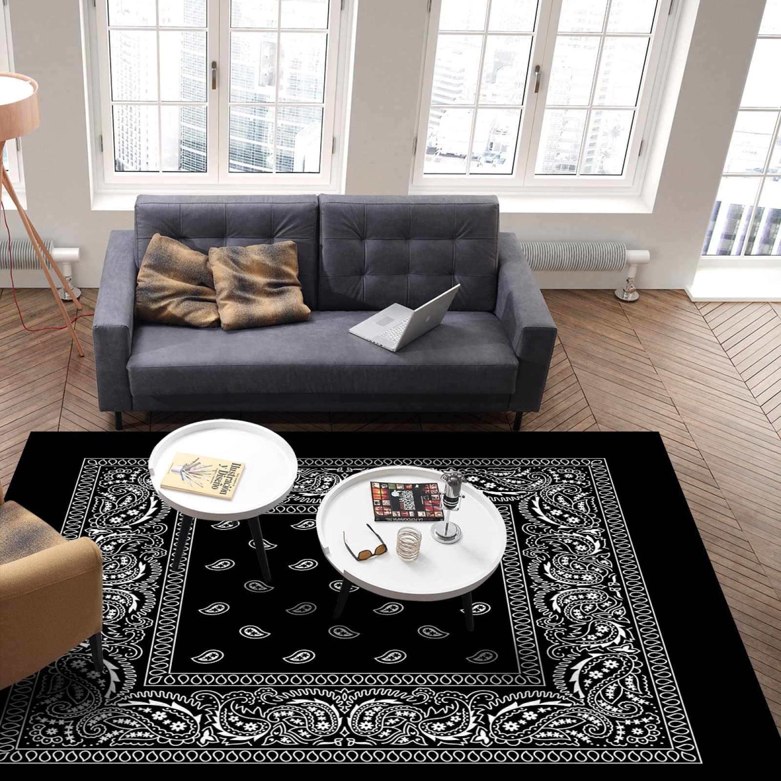 Paisley Black Bandana Area Rug - Bohemian Decorative Washable Carpet with Anti-Slip Backing | 6x4ft Large Rug for Bedroom, Living Room, Dining Room & Office | Perfect for Home Decor, Boho Chic Style & Indoor/Outdoor Use