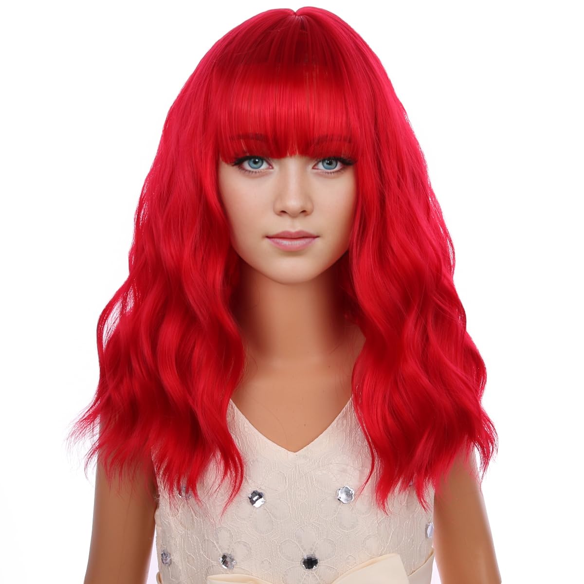 Kids Short Wavy Red Wig with Bangs - Heat Resistant Synthetic Hair Costume Wig for Girls - Perfect for Halloween, Cosplay & Dress-Up Parties
