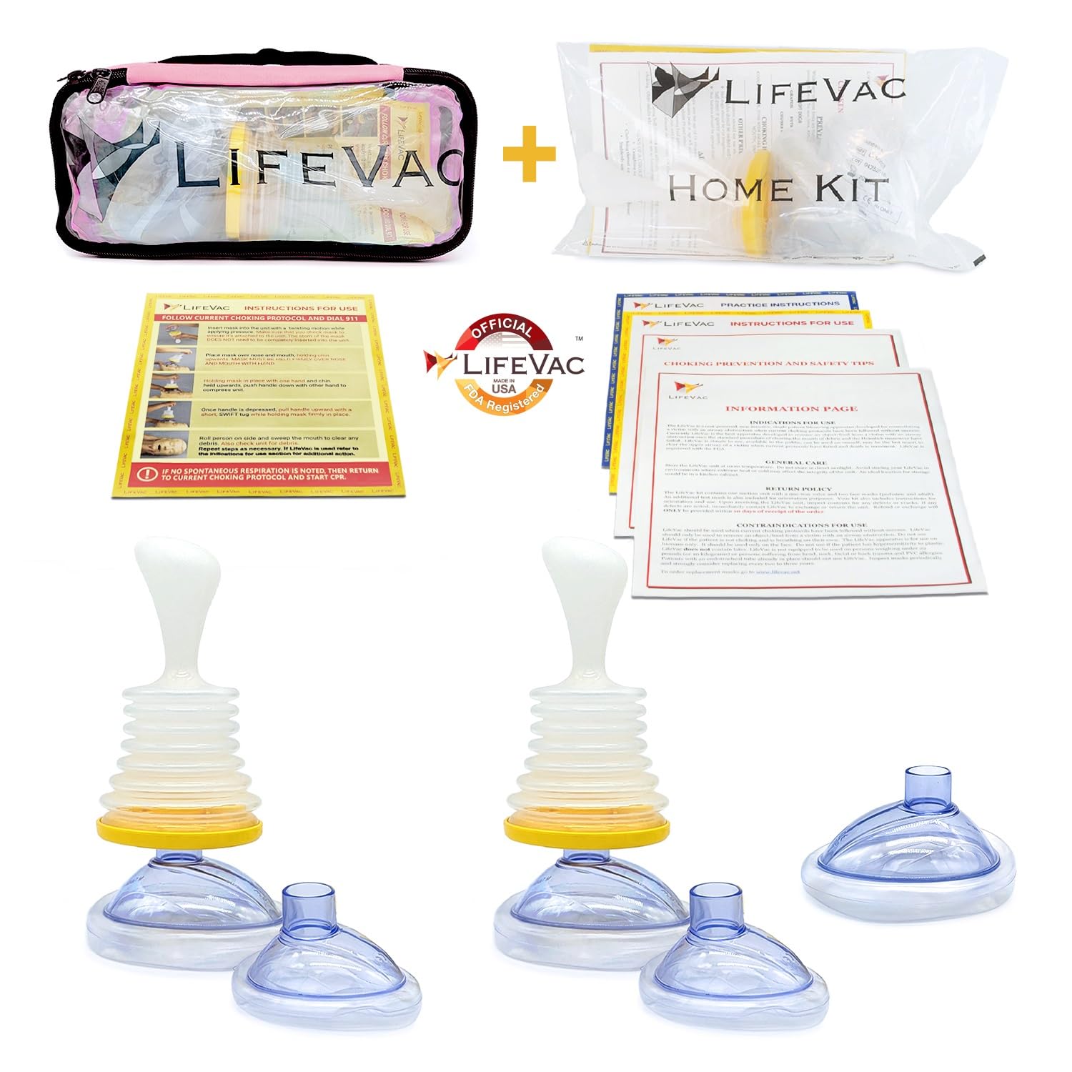 LifeVac Home & Pink Travel Kit Combo - Portable Choking Rescue Device for Kids & Adults | First Aid Airway Suction Tool | Home Safety & Emergency Travel Essential for Families