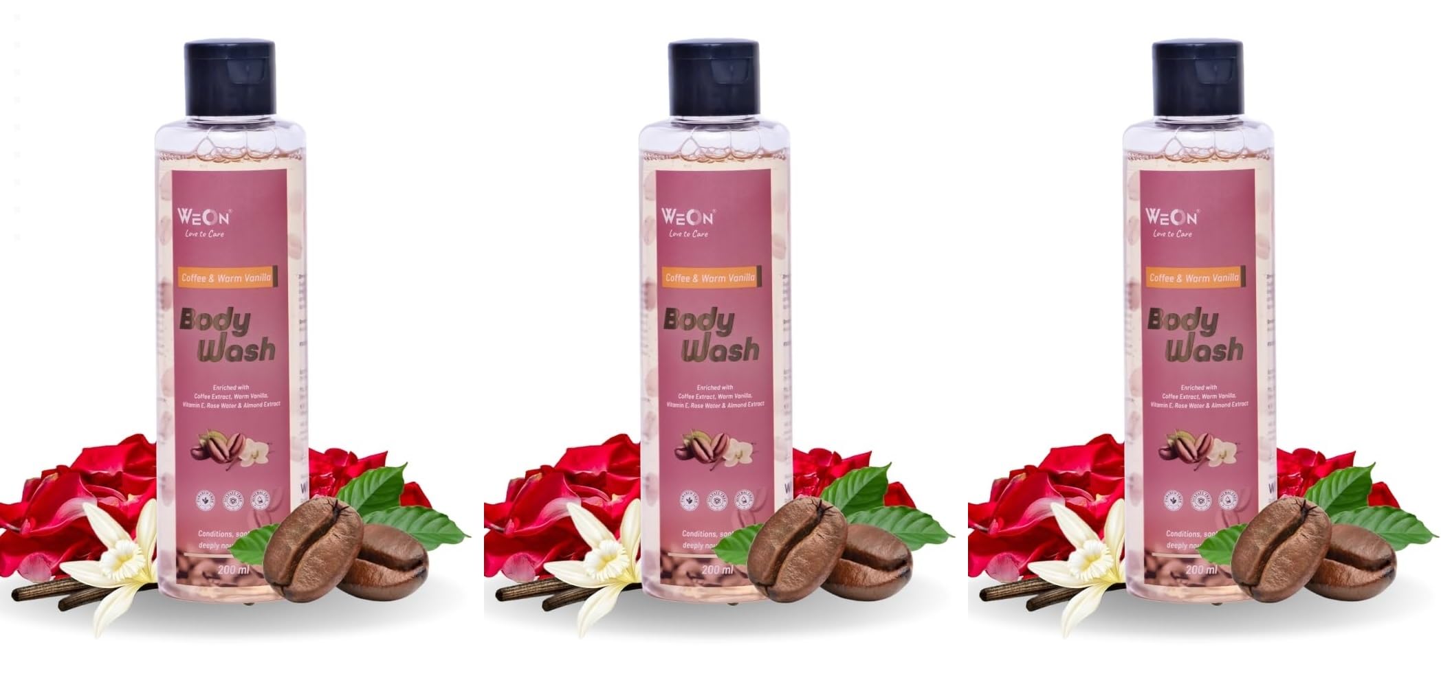 WeOn Coffee & Warm Vanilla Body Wash for Detox and Deep Cleansing – Mineral Oil & Silicone Free, Sulfate Free Shower Gel for Women & Men – 200ml x 3 Pack – Perfect for Post-Workout, Travel & Daily Skincare Routine