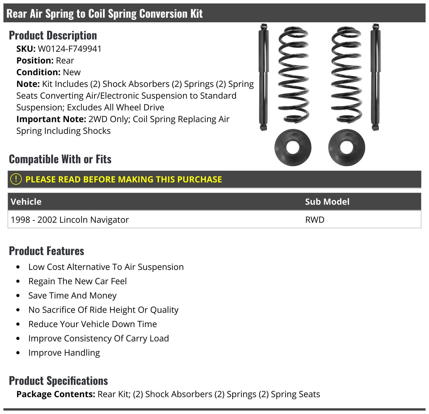 Rear Air Spring to Coil Spring Conversion Kit (6-Piece) - Compatible with 1998-2002 Lincoln Navigator RWD (Not for AWD) | Heavy Duty Suspension Upgrade for Smoother Ride & Improved Towing Capacity