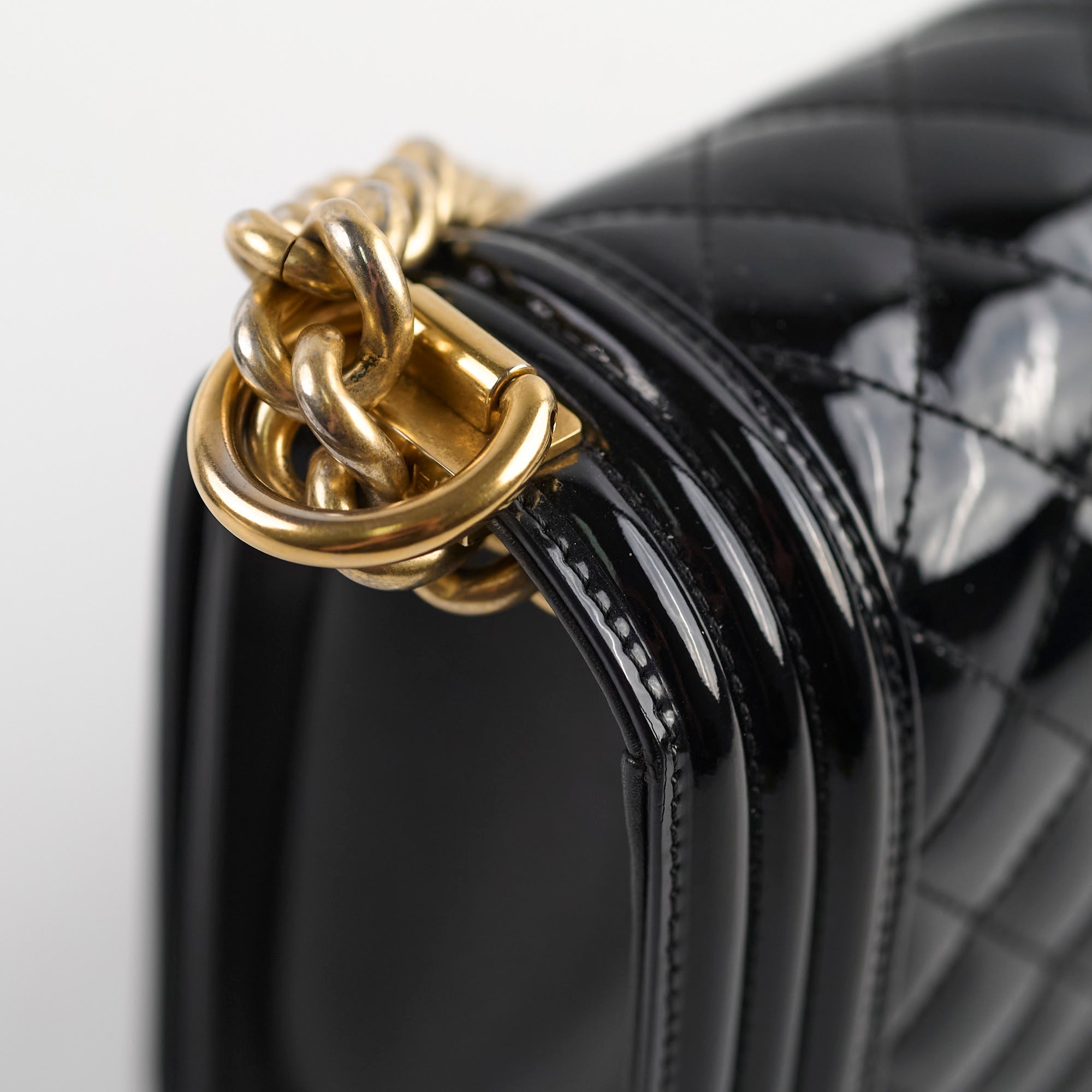 Chanel Old Medium Boy Bag Black Patent Leather Crossbody Bag - Luxury Designer Handbag for Women, Perfect for Parties, Dates & Evening Events