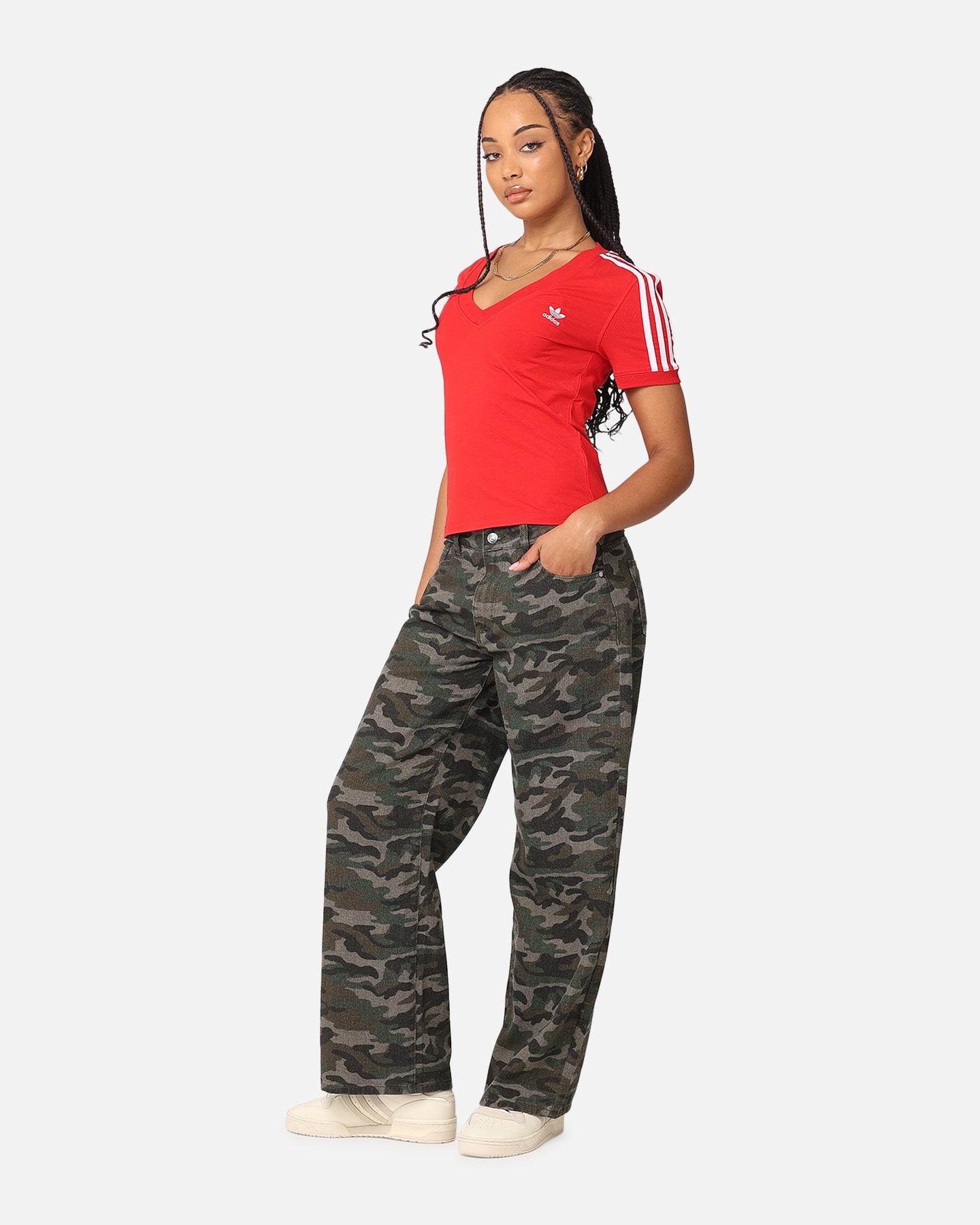 Adidas Women's 3 Stripe V-Neck T-Shirt - Better Scarlet Red Cotton Tee for Casual Wear, Gym & Everyday Outfits
