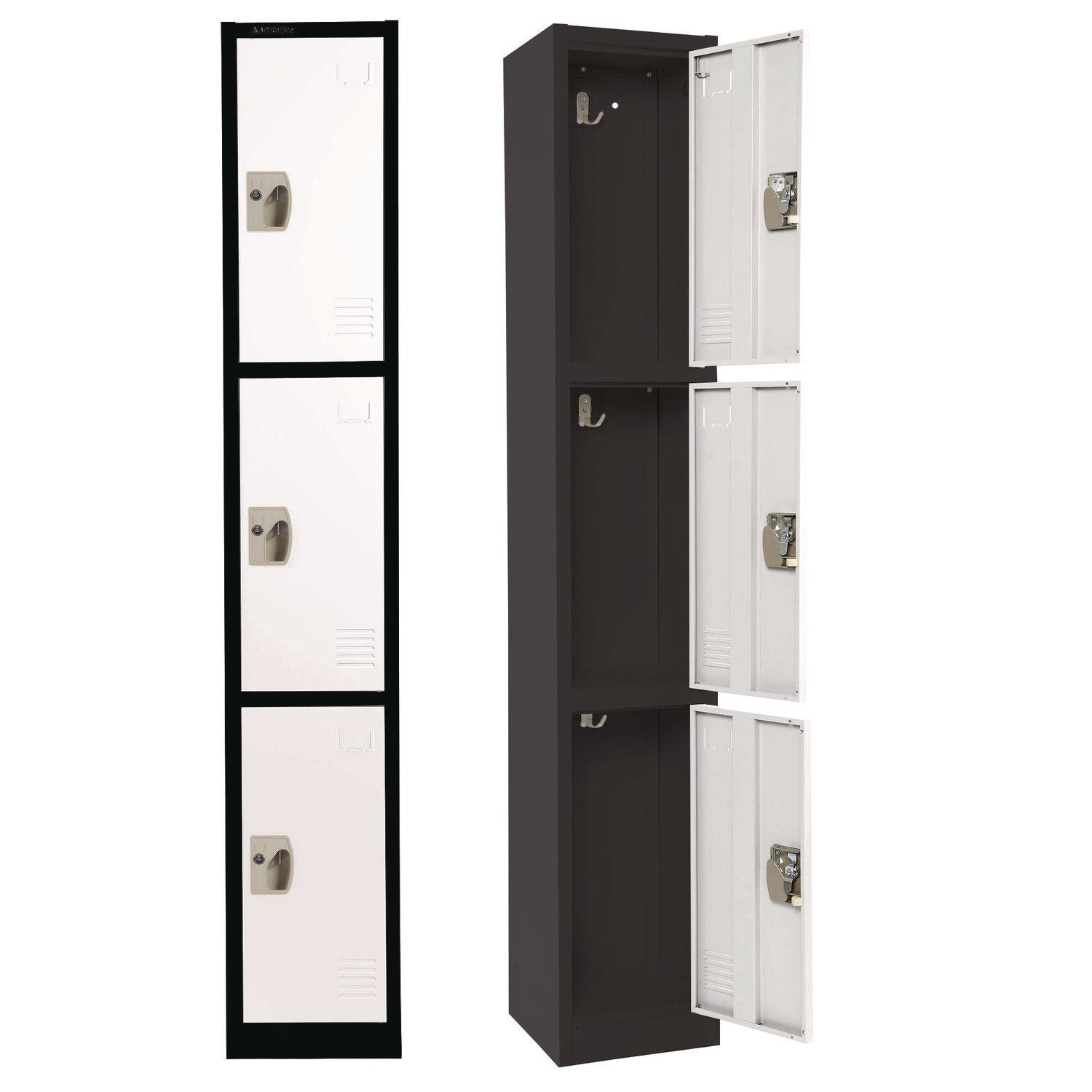 Steel Storage Locker with 3 Compartments - 12 x 12 x 72 Inches, Black Body & White Doors - Heavy-Duty School, Gym, or Office Locker for Secure Storage