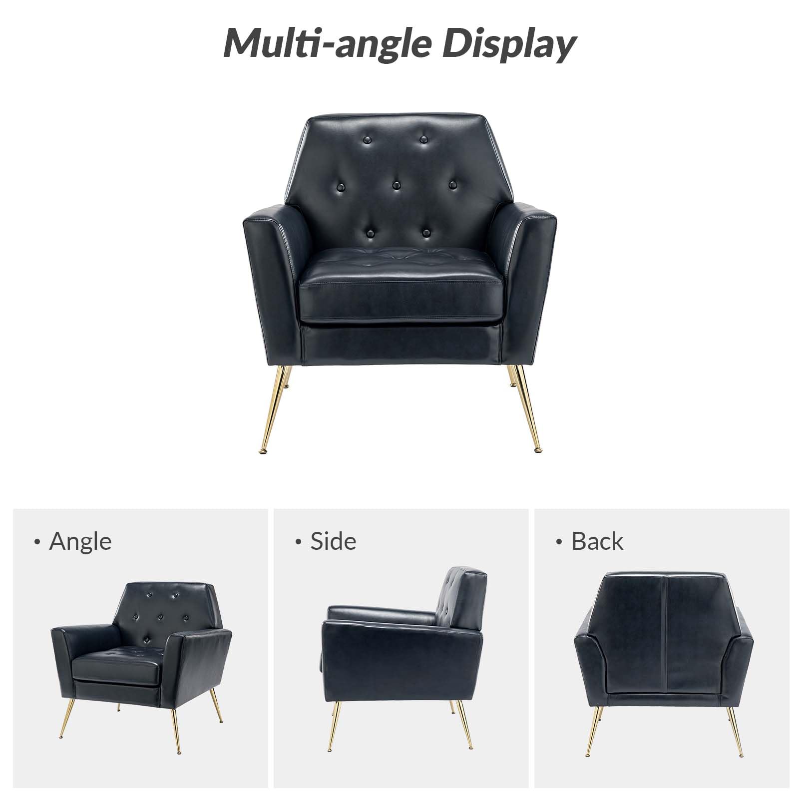 HULALA HOME Modern Faux Leather Accent Chairs Set of 2, Navy Blue Upholstered Armchairs with Gold Metal Legs - Button Tufted Living Room Furniture for Bedroom, Office & Lounge - Comfortable Seating for Home Decor
