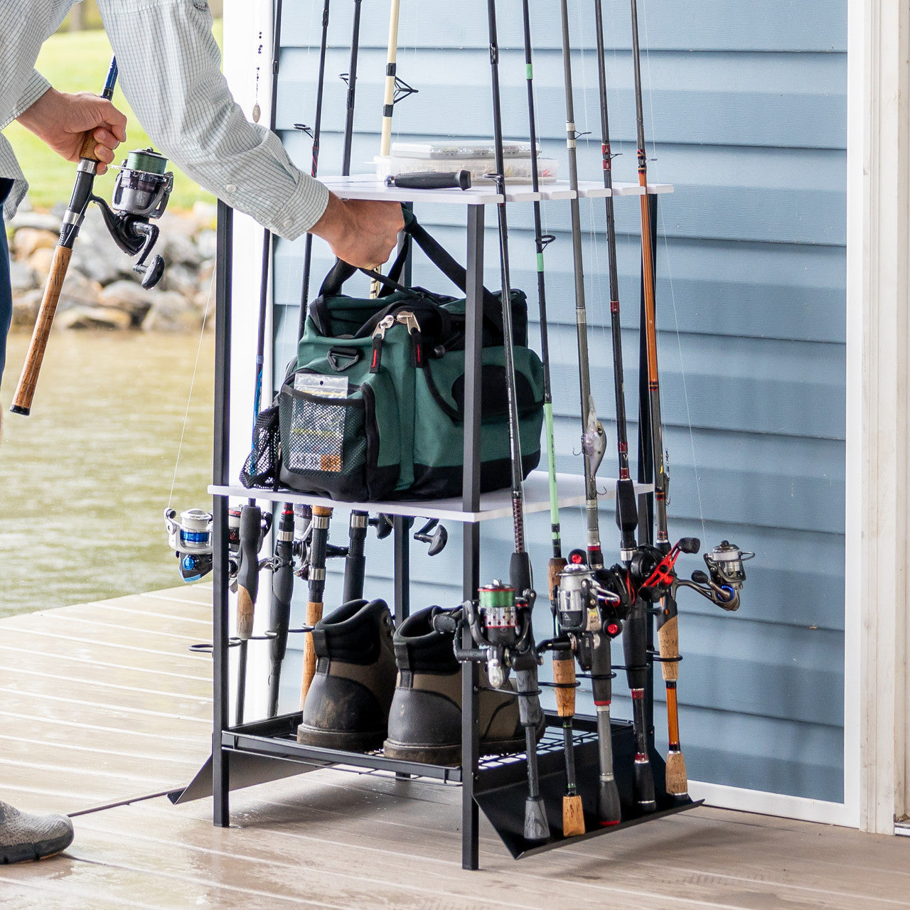 Heavy Duty Tarpin Fishing Rod Holder Stand - Holds Up to 10 Fishing Rods for Secure Storage | Perfect for Boat, Dock, Garage, and Outdoor Fishing Gear Organization