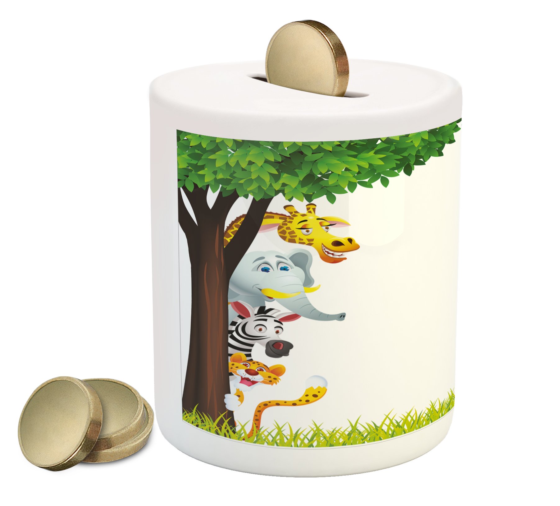 Ambesonne Ceramic Piggy Bank - Cute Cartoon Pig with Jungle Animals & Trees Design for Kids, 3.6