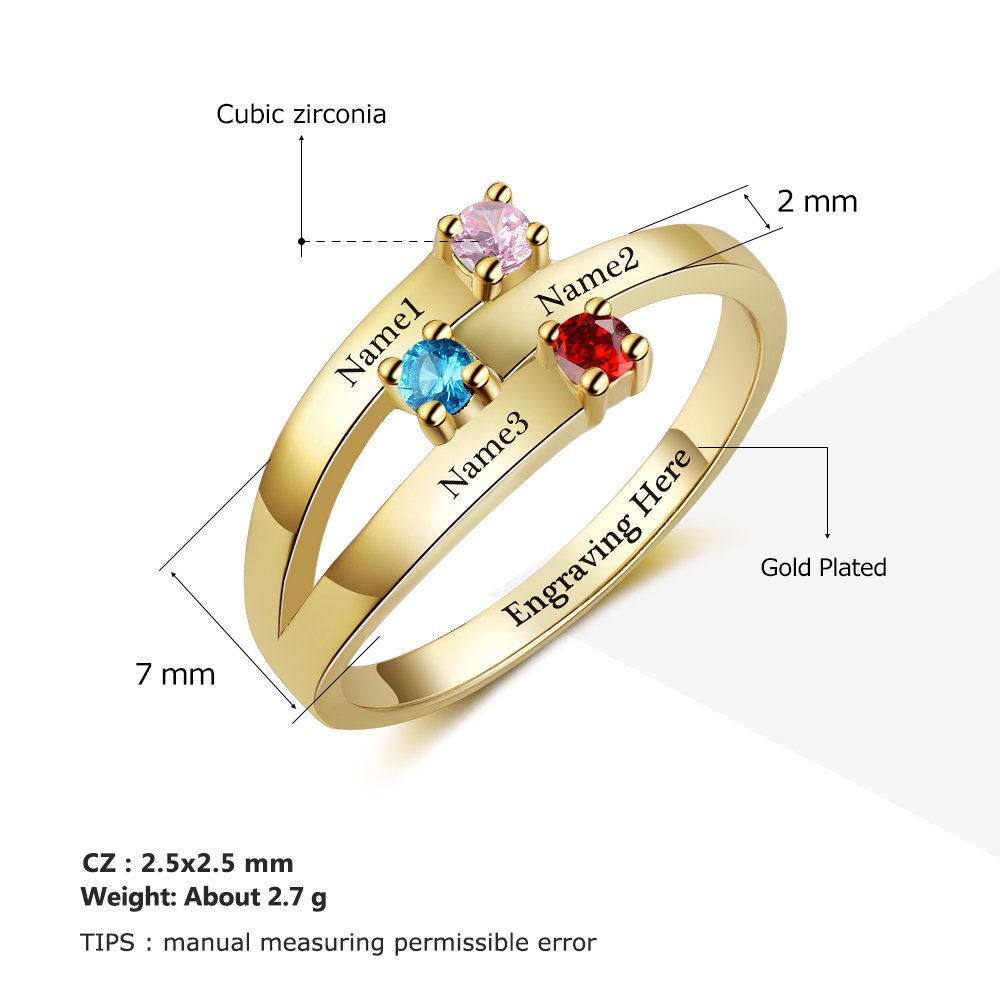Personalized Women's Rings with 3 Simulated Birthstones & Engraved Names - Custom Mother's Ring, Promise Ring for Her - Perfect for Anniversaries, Mother's Day & Special Occasions