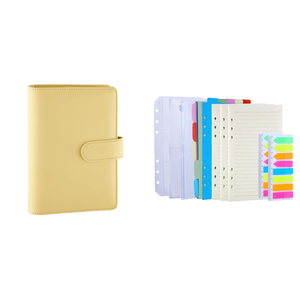 Antner A6 PU Leather Notebook Binder (Yellow) - 3 Pack Refill Paper, 2 Pack 160pcs Neon Page Markers, 10pcs Dividers & 3pcs Pockets - Perfect for School, Office & Planner Organization