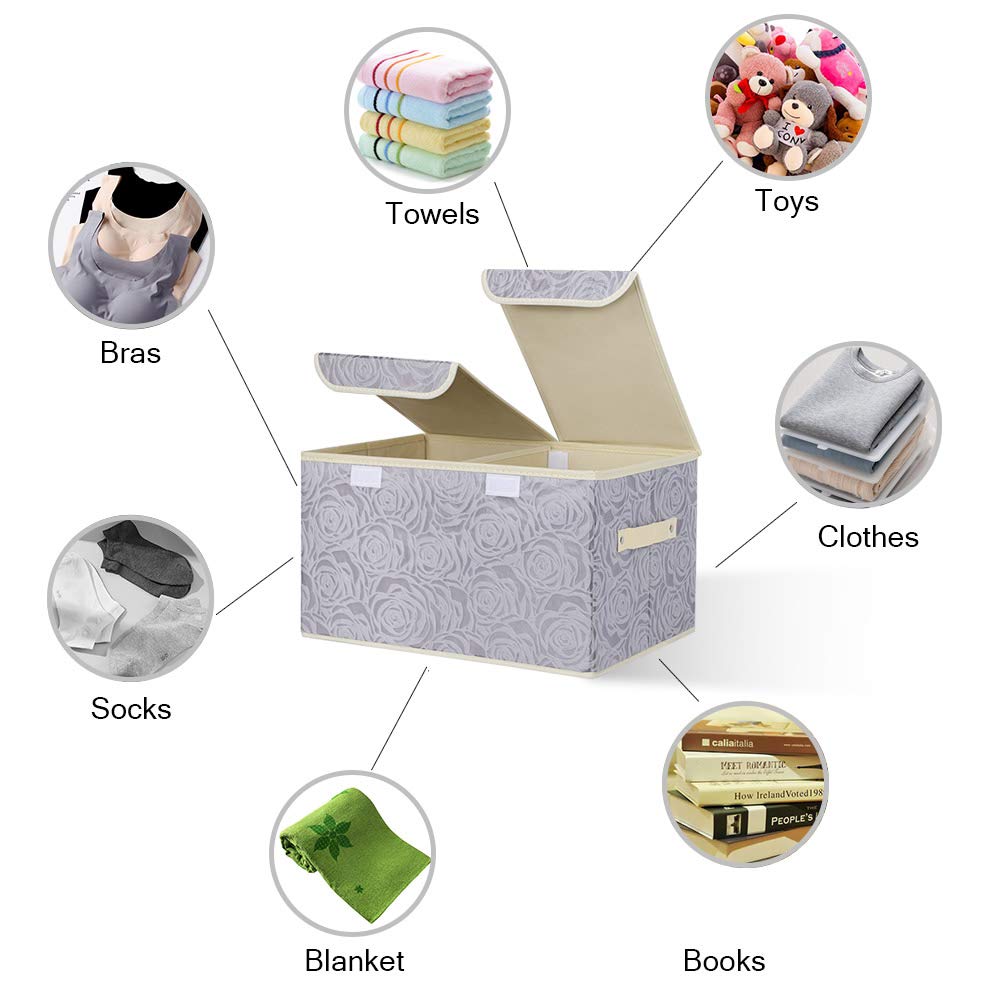 UUJOLY Large Storage Bins - Foldable Linen Fabric Basket Organizer with Lid & Handles for Home Office Closet Bedroom Nursery - Rose Grey Storage Box for Toys, Blankets & Clothes Organization