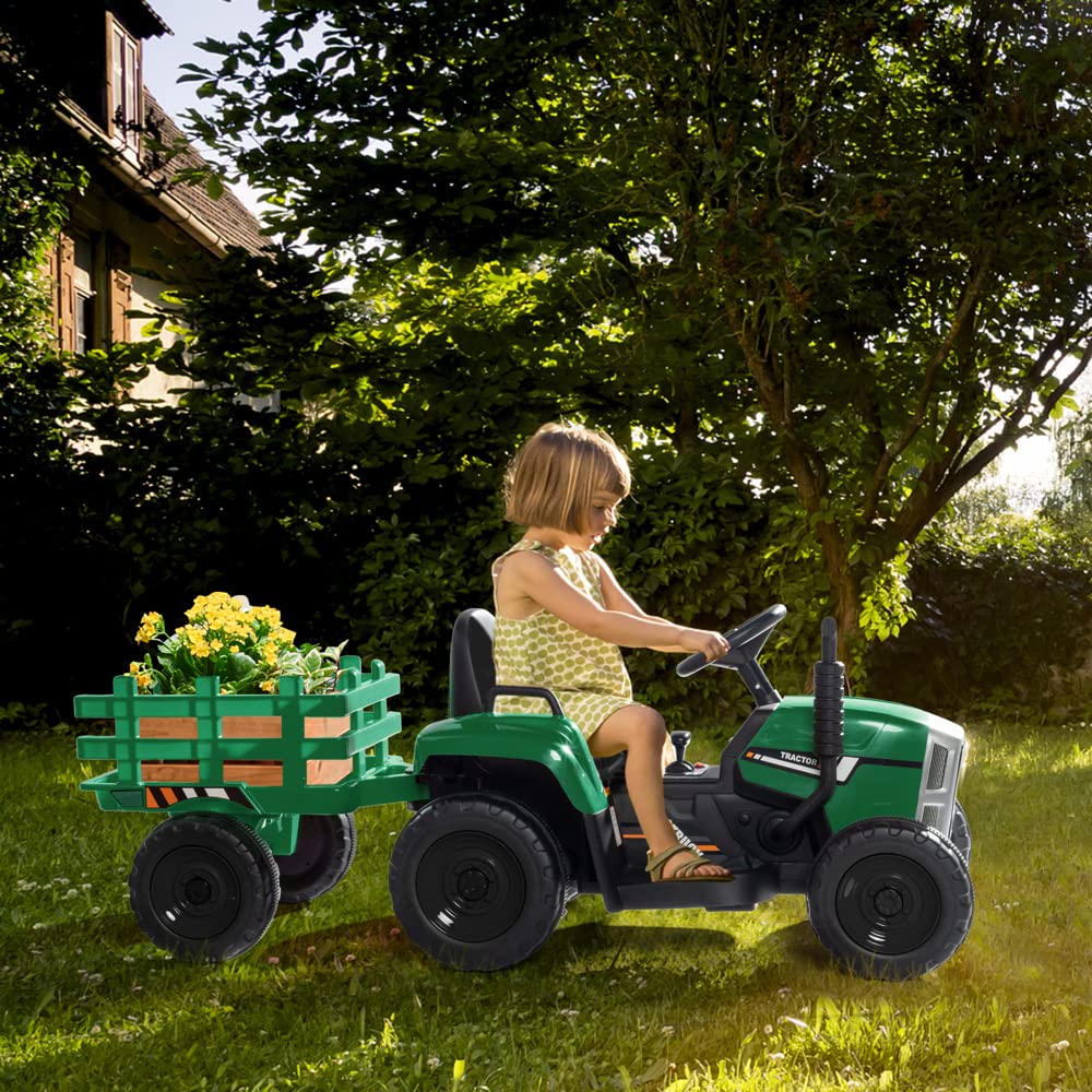 12V Kids Ride-On Tractor with 2.4G Remote Control - Electric Toy Tractor with Trailer, LED Lights & Music - Safe Toddler Vehicle with Seat Belt - Green Outdoor Play Toy for Boys & Girls - Perfect for Backyard, Farm & Garden Pretend Play