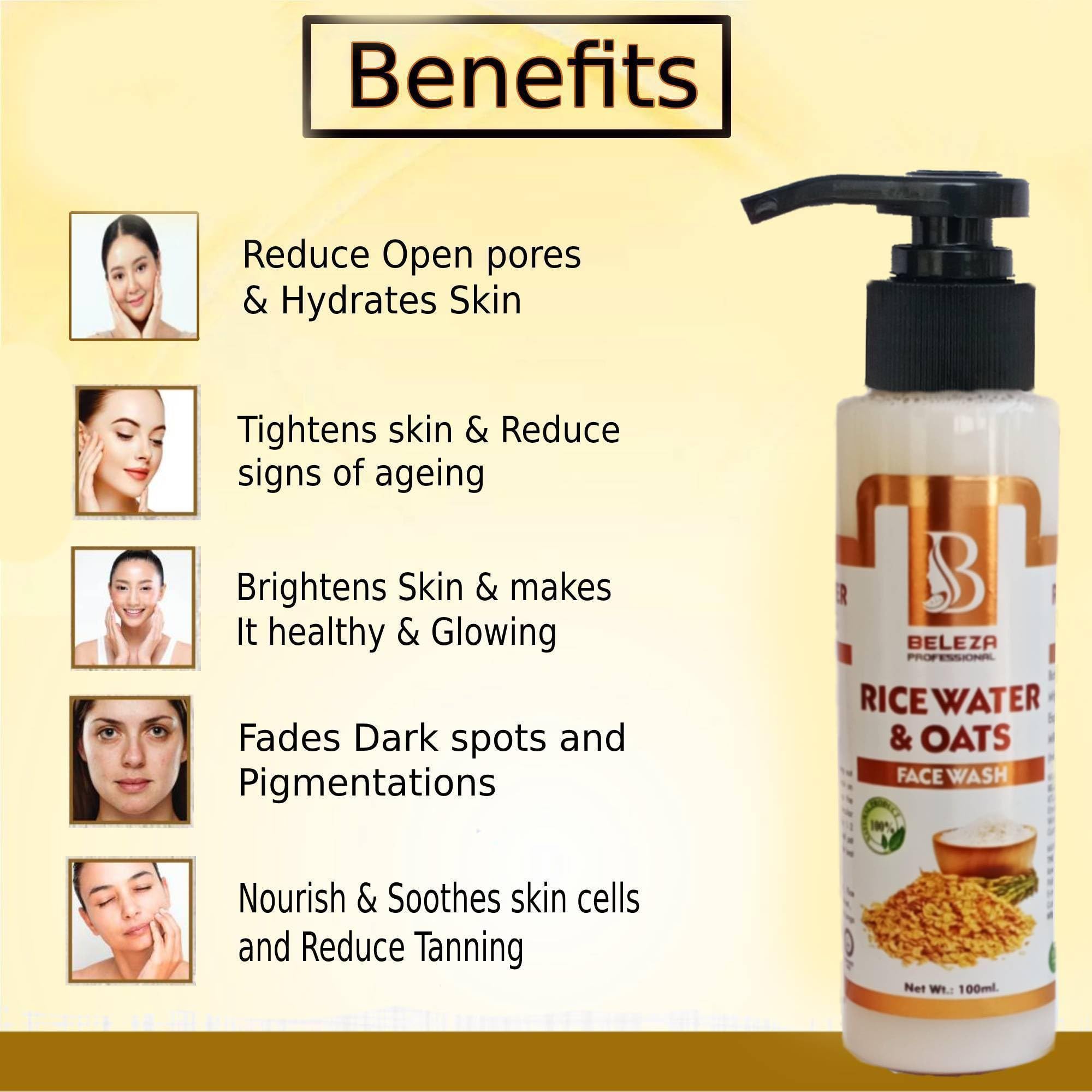 Beleza Professional Rice Water & Oats Face Wash for Younger Looking Bright Skin Tone - 200ml | Gentle Cleanser for Daily Skincare Routine, Anti-Aging & Glow Boosting | Perfect for Morning & Night Use