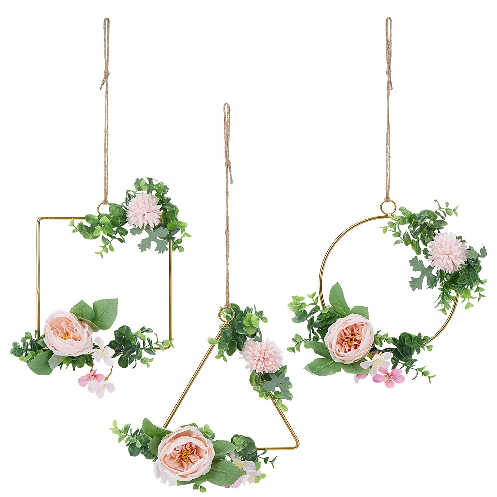 3-Pack Floral Hoop Wreath Set - Geometric Metal Ring Garland for Door, Wall & Wedding Decor - Pink Peony & Chrysanthemum Design - Perfect for Home, Nursery, Backdrop & Seasonal Decoration