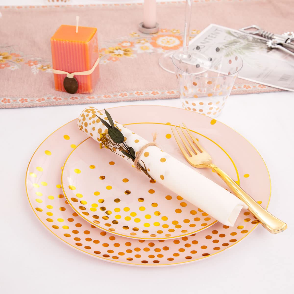 210-Piece Pink and Gold Plastic Party Tableware Set - 30 Dinner Plates, 30 Dessert Plates, 30 Forks, 30 Knives, 30 Spoons, 30 Cups & 30 Napkins - Disposable Plates for Graduation, Birthday & Wedding Parties - Elegant Table Setting for 30 Guests