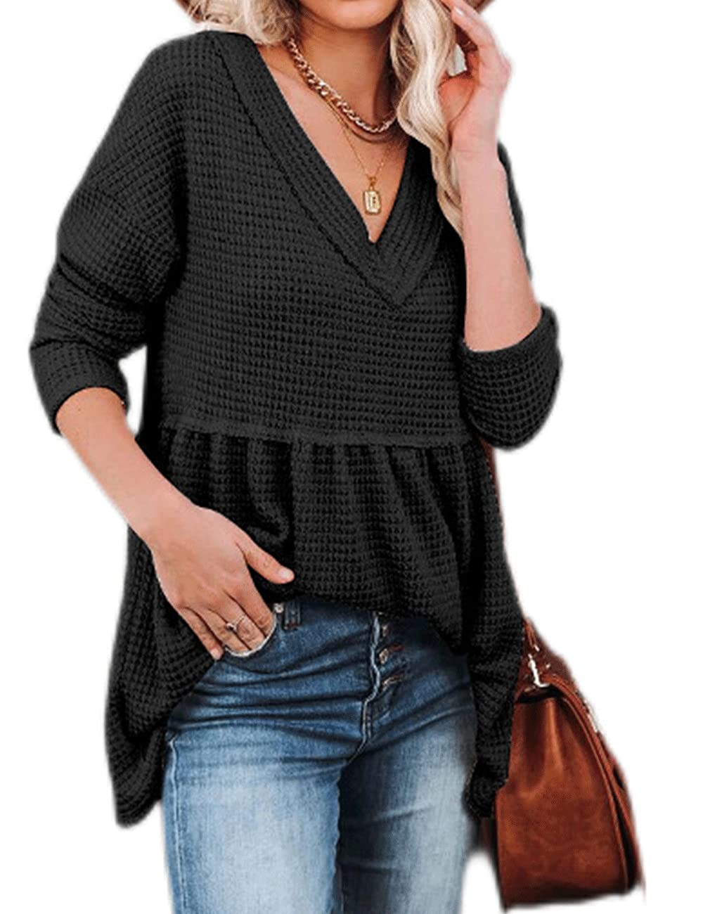 Women's V-Neck Waffle Knit Tunic Top - Long Sleeve Peplum Pullover Sweater - Casual Flowy Babydoll Swing Shirt for Work, Date Night & Everyday Wear
