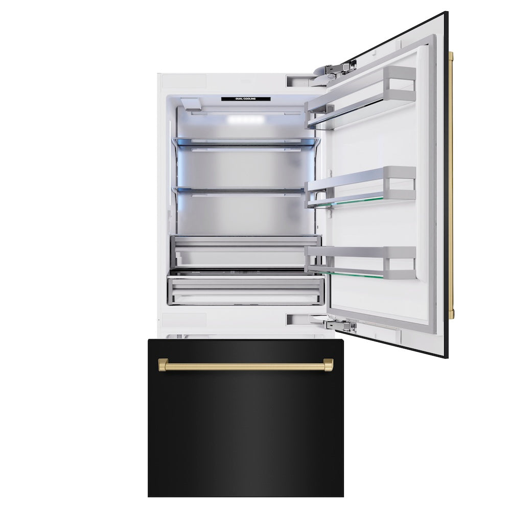 ZLINE Autograph Edition 36 Inch Built-In Bottom Freezer Refrigerator - 19.8 cu.ft Capacity, Black Stainless Steel with Champagne Bronze Accents, Water Dispenser & Ice Maker - Perfect for Modern Kitchens & Open Concept Homes (Model RBITZ BS 36 CB)
