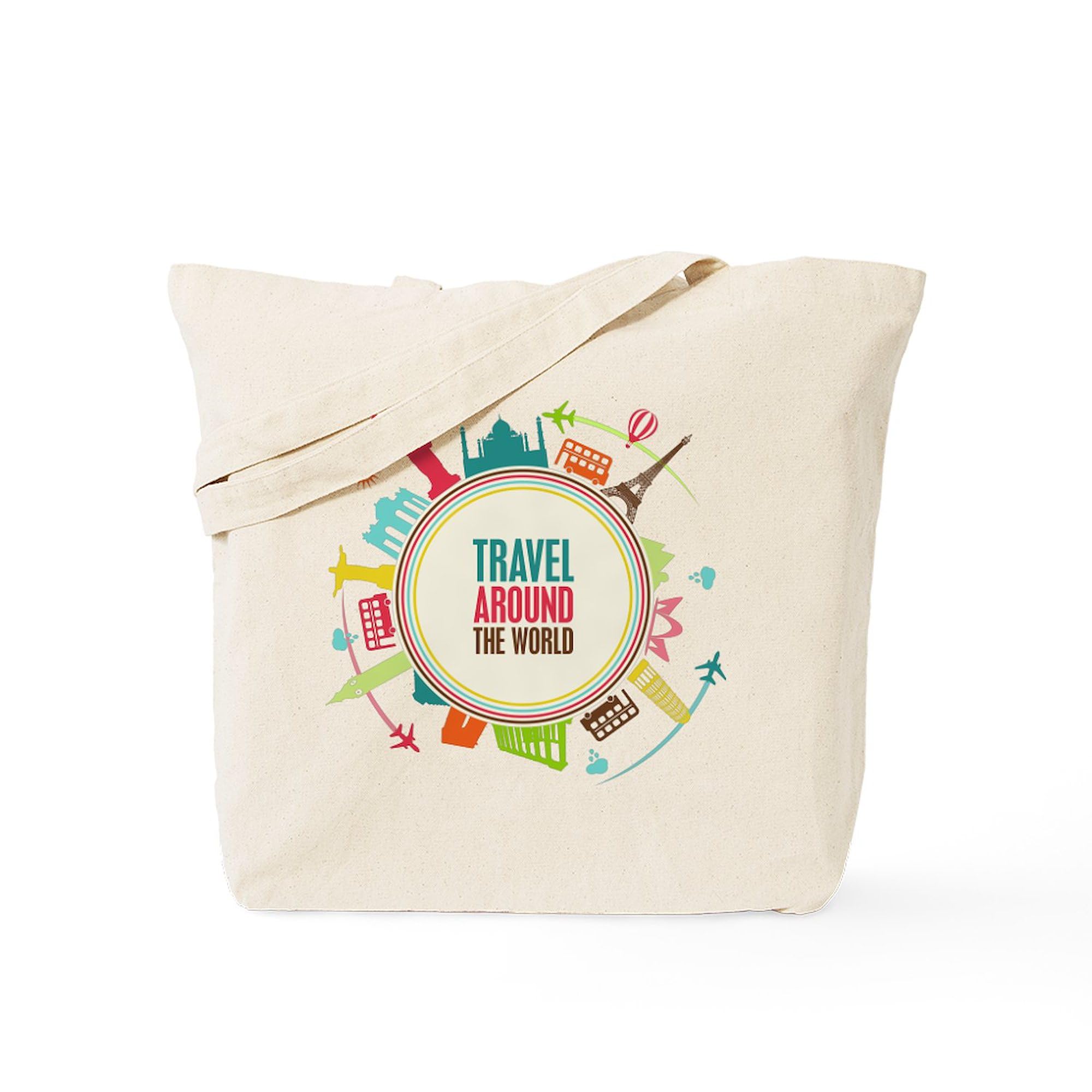 Travel Around The World Tote Bag - Natural Canvas Reusable Shopping Bag for Groceries, Beach & Everyday Use | Eco-Friendly Carryall