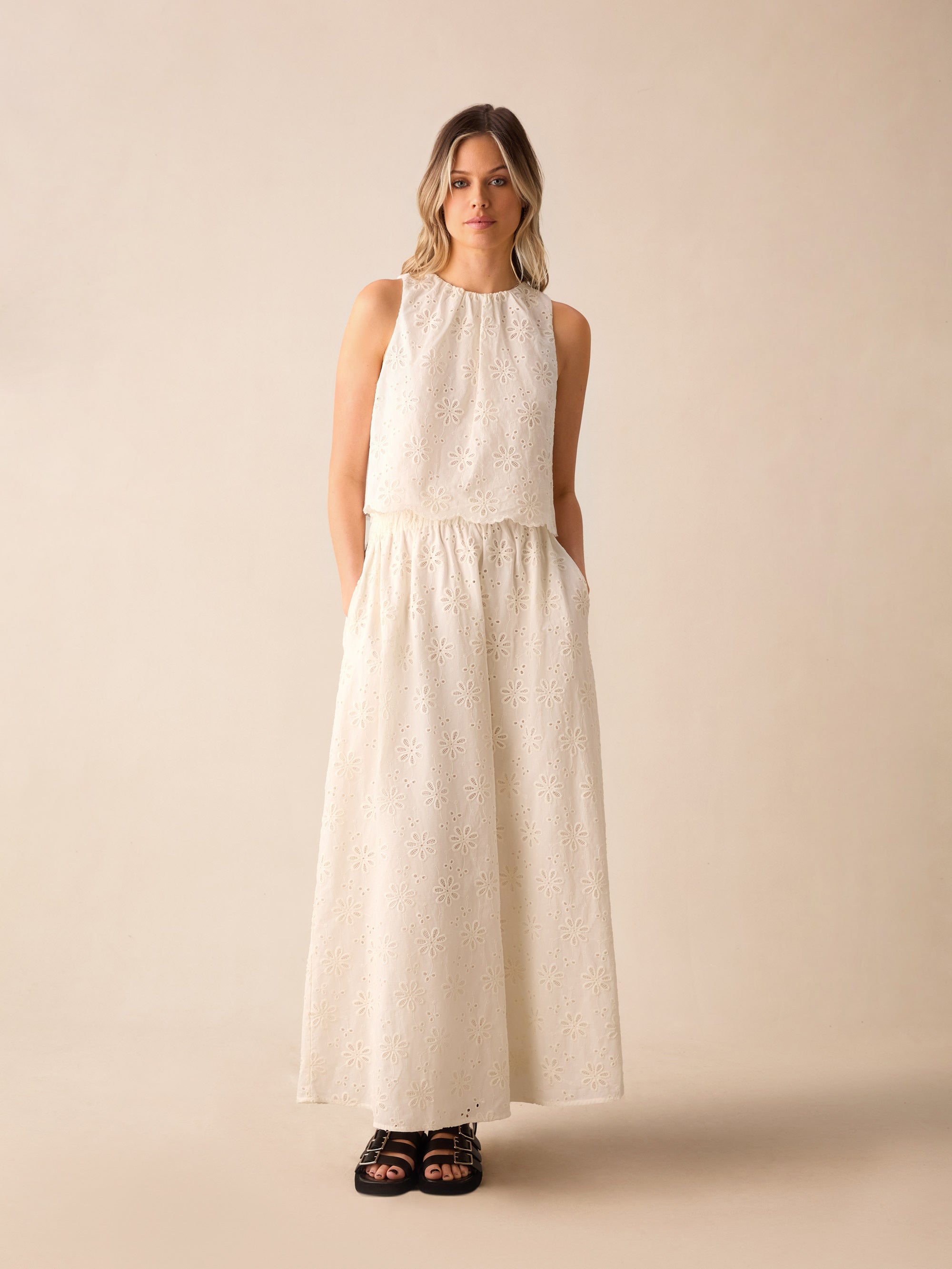 Ivory Broderie Maxi Skirt for Women - Elegant Floral Embroidered Long Skirt with Side Slit | Perfect for Beach, Wedding & Summer Outfits