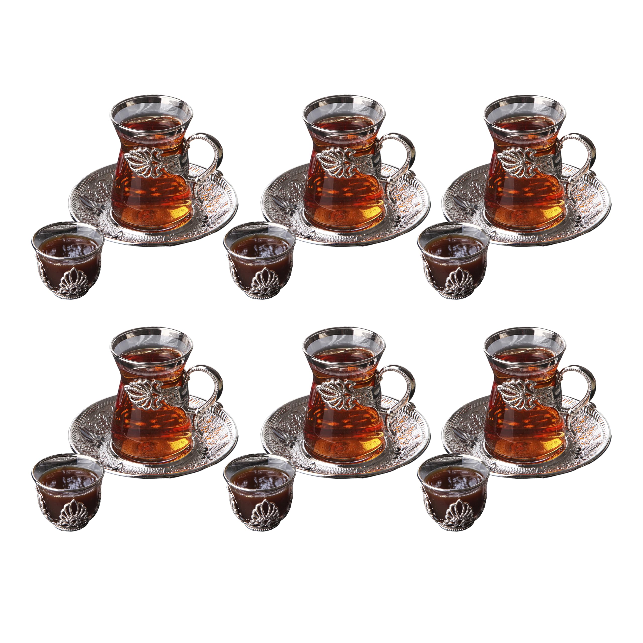 Premium Turkish Arabic Tea Glasses Set of 6 with Silver Holders, Mırras & Saucers - Handmade Vintage Tea Set for Home & Gifts | Perfect for Afternoon Tea, Moroccan Mint Tea & Middle Eastern Tea Ceremonies