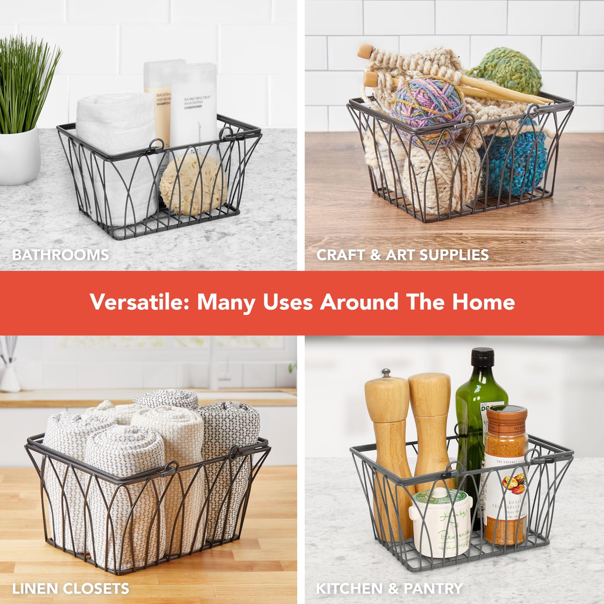 Sturdy Black Farmhouse Wire Storage Basket with Handles - Medium Pantry Organizer for Kitchen, Shelf, Closet & Bathroom - Perfect for Home Organization, Office Supplies & Laundry Room Storage