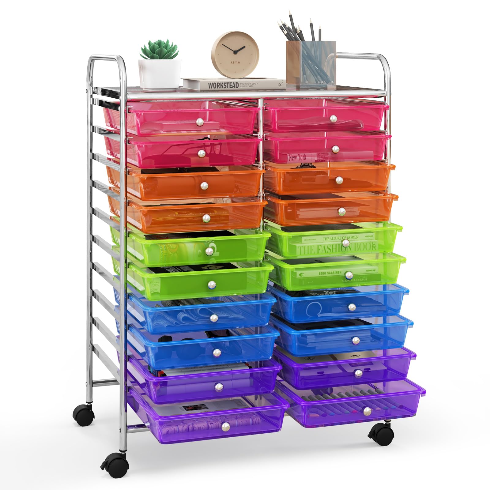 Happygrill 20-Drawer Rolling Organizer Cart with Removable Drawers & Lockable Wheels - Mobile Utility Storage Cart for Home, Office, School, Workshop & Craft Room - Rainbow Color Storage Solution