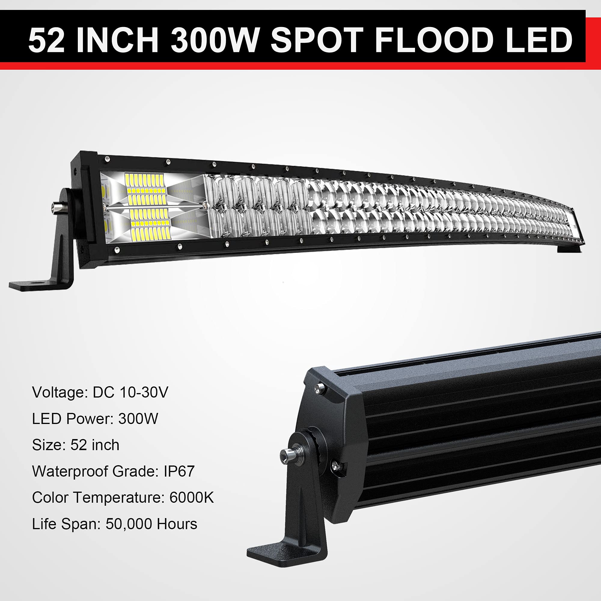 ASLONG 52 Inch 300W LED Light Bar with Spot Flood Combo Beam - 2PCS 4 Inch White/Amber LED Pod Fog Lights - Wiring Harness & Rocker Switch - Offroad Driving Lights for Trucks, Jeeps, ATVs - Perfect for Night Offroading, Camping & Emergency Vehicles