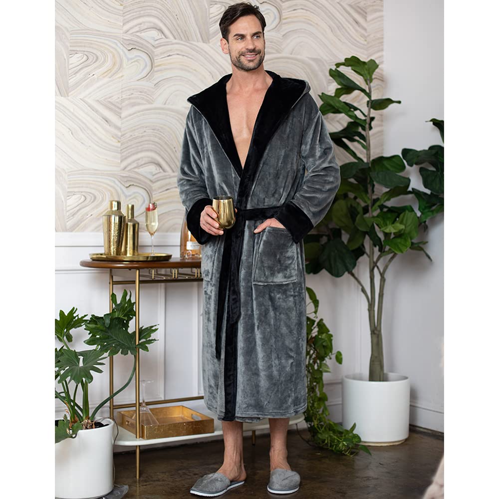 Luxury Men's Plush Hooded Bathrobe - Soft Long Linen Robe for Men, Perfect for Spa, Lounge & Relaxation at Home