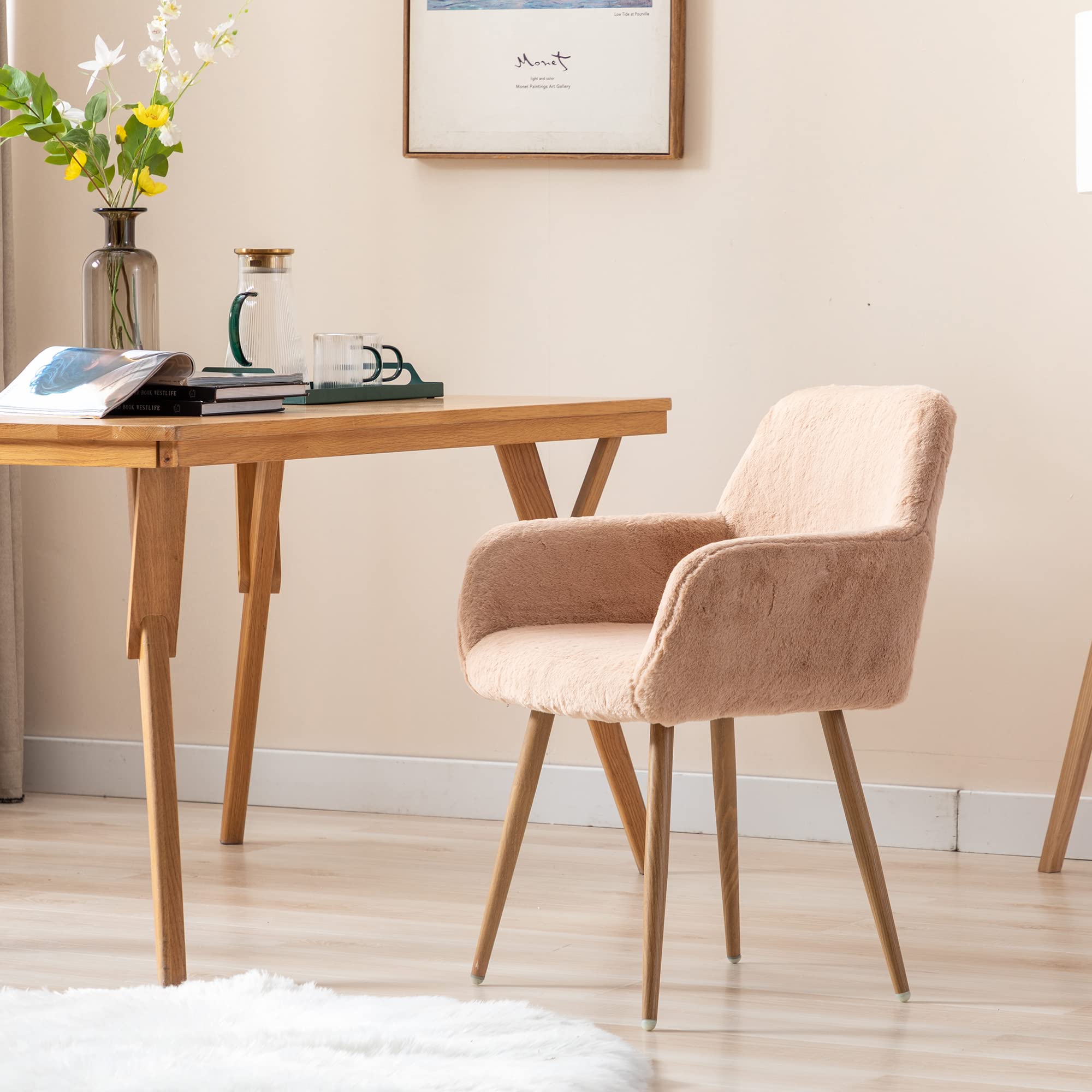 Fluffy Pink Faux Fur Swivel Desk Chair with Wheels - Adjustable Height Vanity Chair for Makeup Room, Teen Girls Bedroom & Home Office - Soft Computer Gaming Chair for Women (Camel) - Perfect for Beauty Stations, Dorm Rooms & Cozy Workspaces