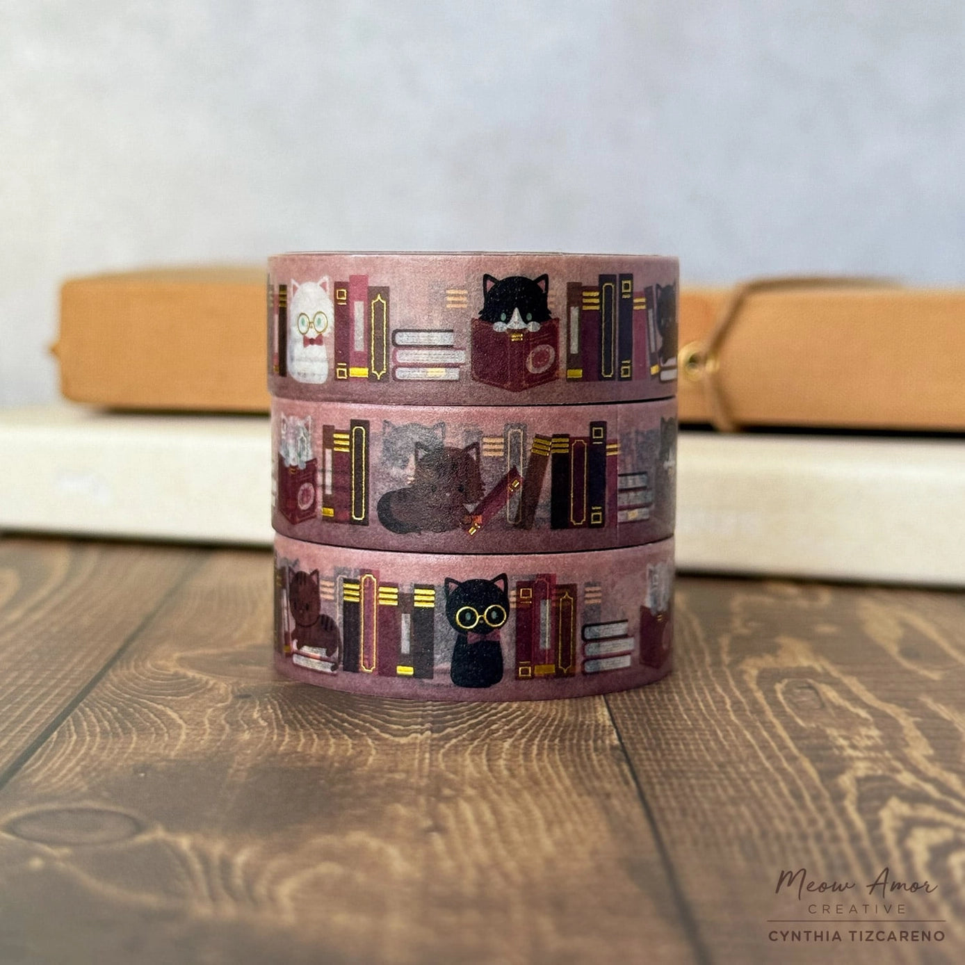Blush Book Cats Gold Foil Washi Tape - Decorative Japanese Paper Tape for Scrapbooking, Journaling, DIY Crafts & Gift Wrapping