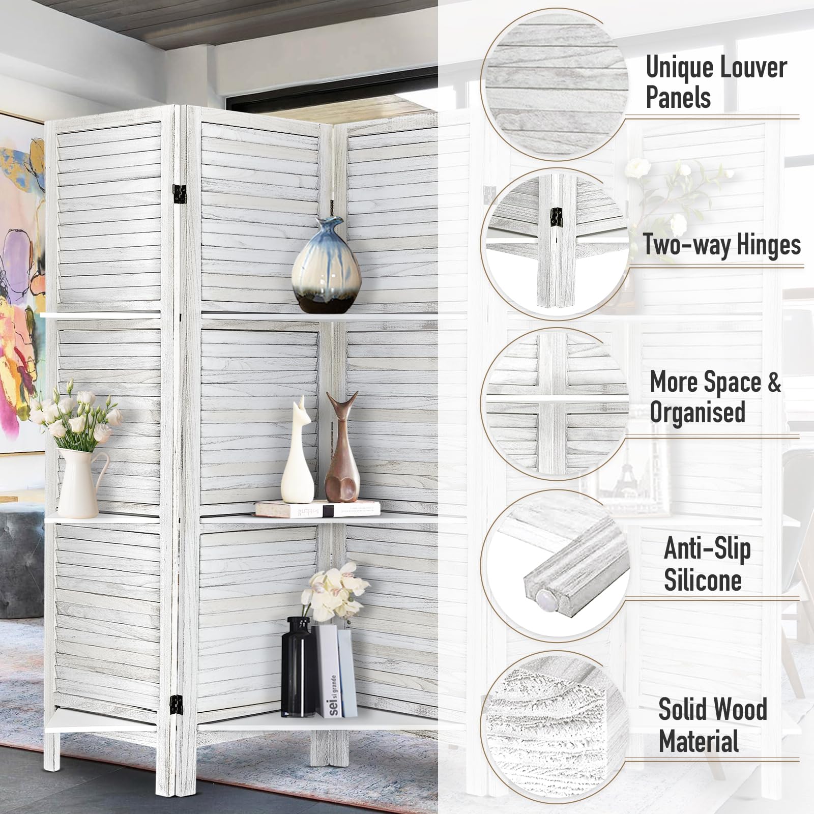5.6 Ft Tall Wood Room Divider with Shelves - Folding Privacy Screen & Partition Panel for Home, Office, or Studio (6-Panel, Coconut) - Perfect for Creating Private Spaces, Room Separation, and Stylish Storage Solutions