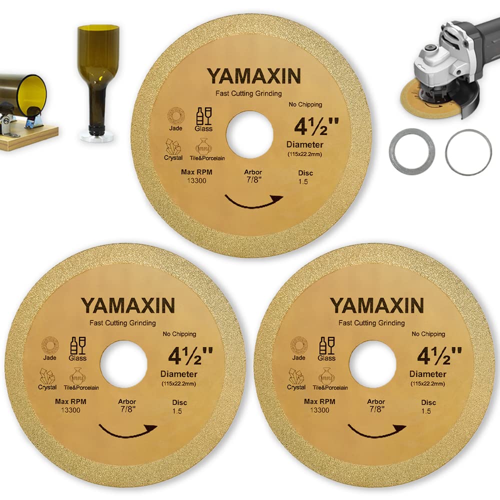 3Pcs 4-1/2 Inch Diamond Glass Cutting Discs for Angle Grinder - Premium Rotary Grinding Wheels for Glass, Jade, Porcelain, Tile Cutting - Fits 7/8