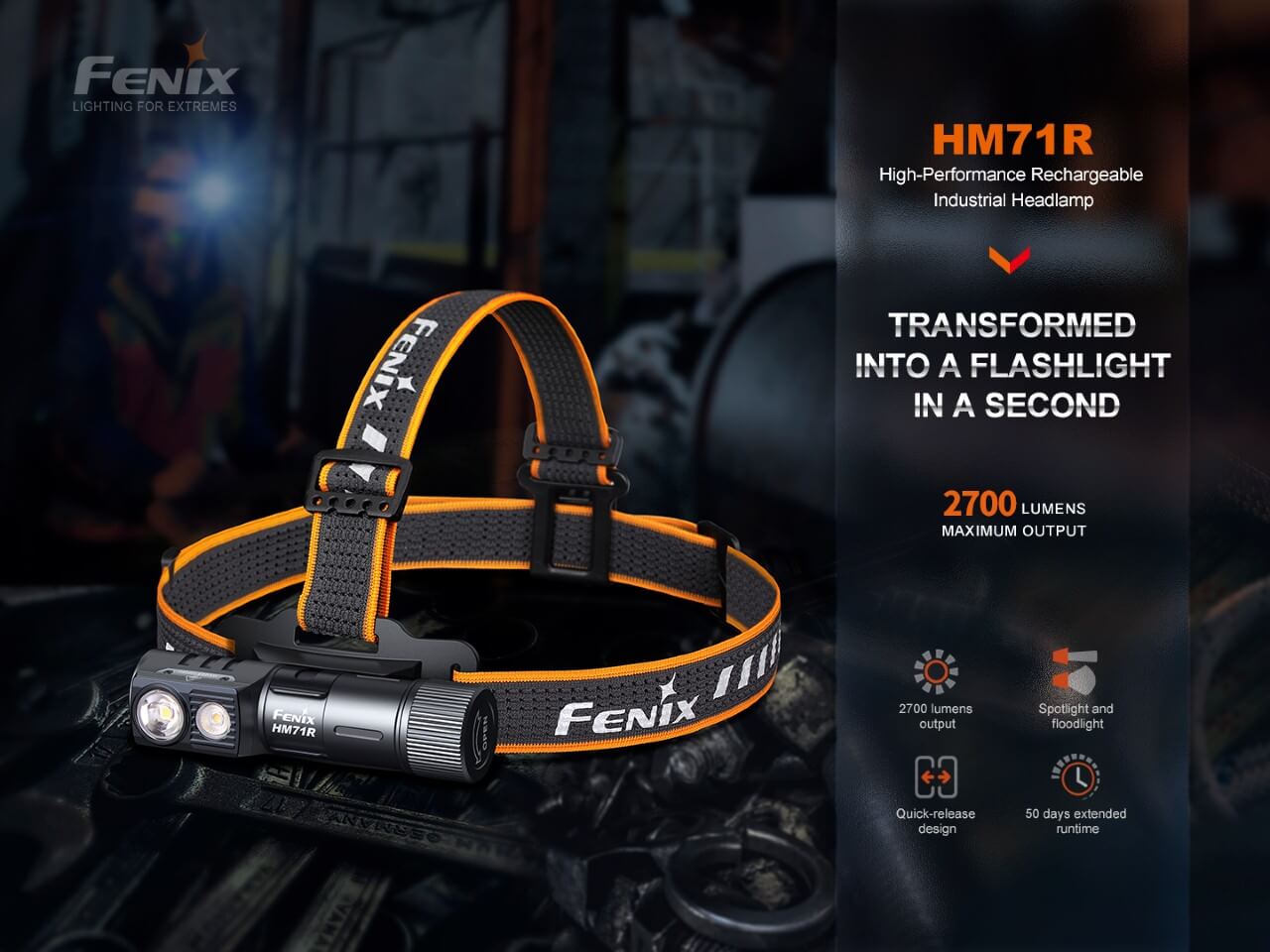 Fenix HM71R Rechargeable LED Headlamp for Industrial Work - 2000 Lumens, Waterproof Headlight for Construction, Mining, Camping & Outdoor Activities