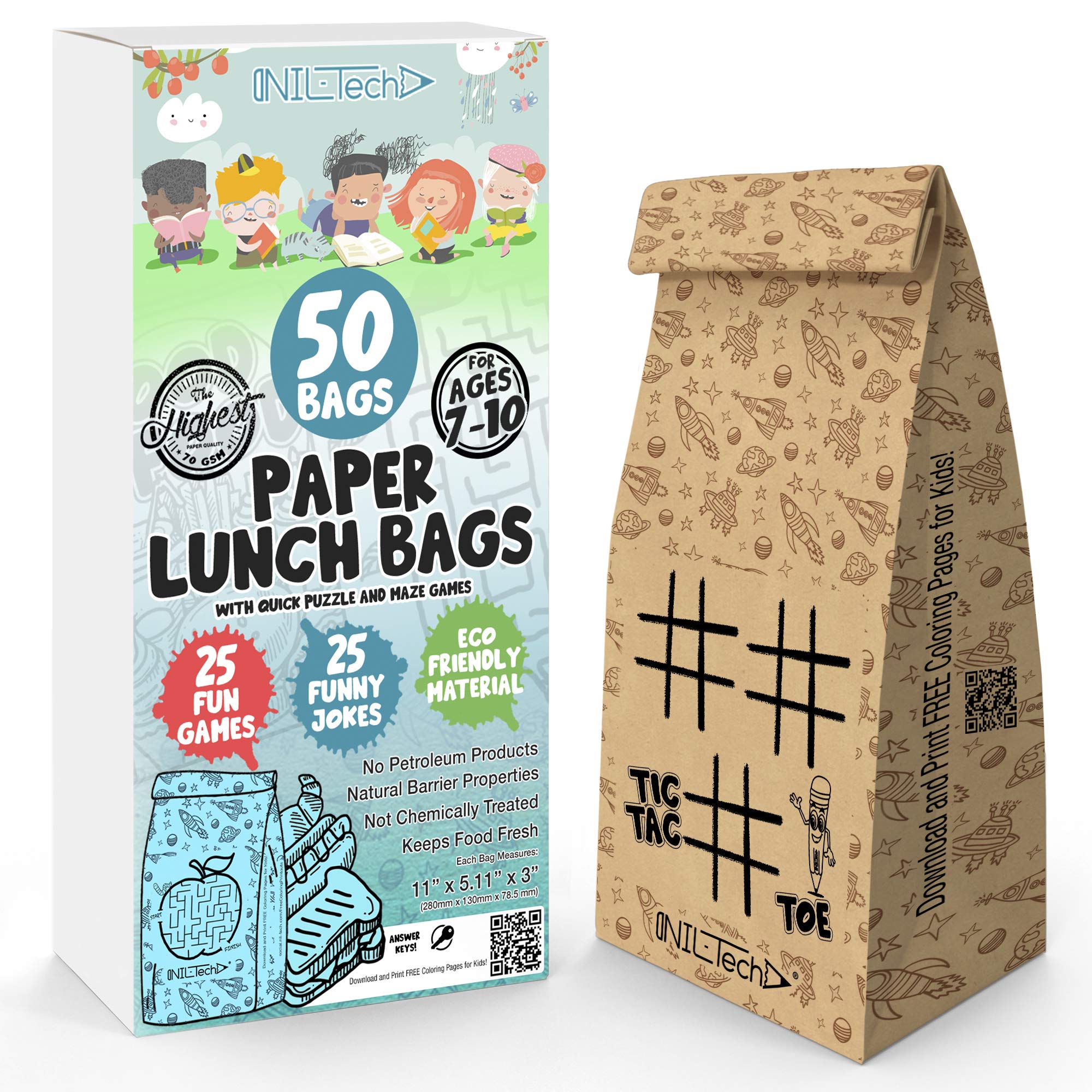 Eco-Friendly Kids Lunch Bags - 50pc Biodegradable Kraft Paper Sandwich Bags with Fun Printed Jokes & Games | Food Safe Brown Paper Bags for School Lunch, Snacks, Picnics & Parties | Perfect for Everyday Use, Meal Prep & On-the-Go Snacking