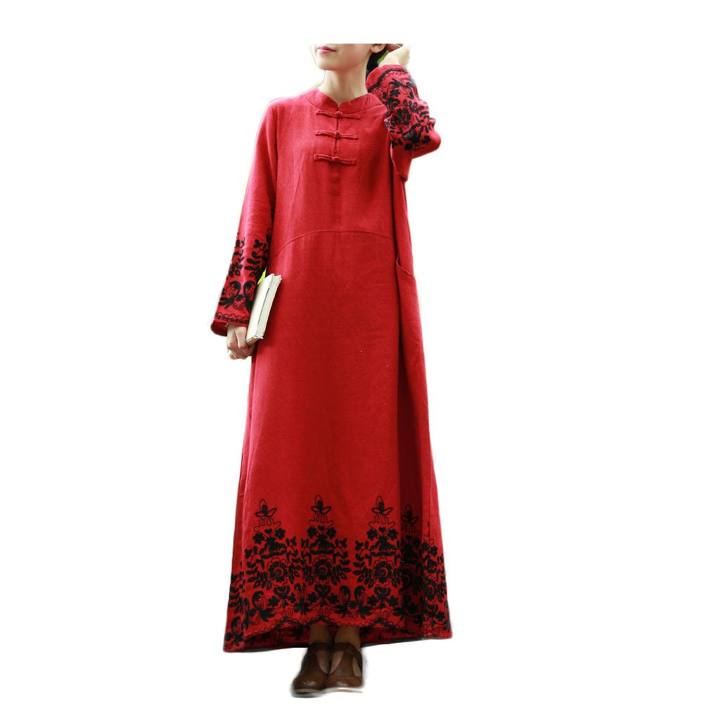 LZJN Women's Floral Embroidery Chinese Style Long Sleeve Maxi Dress - Casual Boho Vintage Dress (Red, Large) | Perfect for Spring Summer, Weddings, Parties & Special Occasions