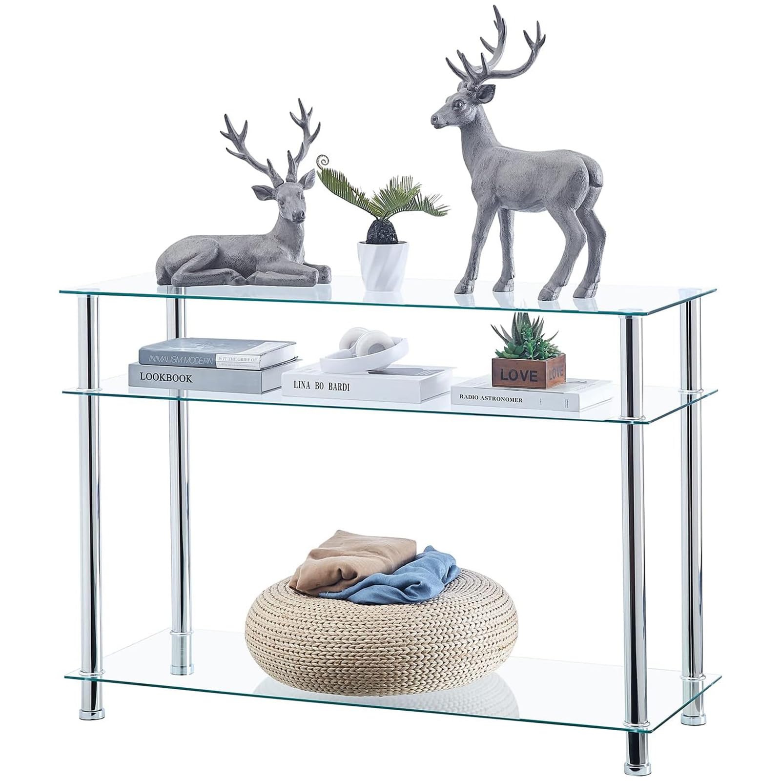Rustic Brown & Black Glass Console Table with Storage Shelves - Entryway Sofa Table for Hallway, Living Room, Bedroom - Sturdy Metal Frame & Easy Assembly (Clear) - Perfect for Home Decor, Small Space Organization & Stylish Display
