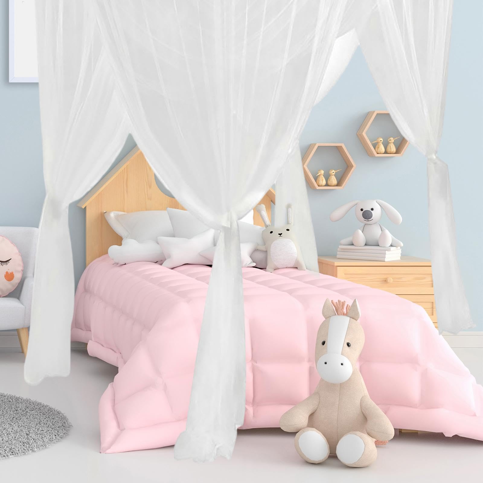 Stylish White 4 Corner Post Canopy Bed Curtain with Drapes & Netting - Elegant Bed Valance for Women's Bedroom Decor | Perfect for Romantic, Boho & Princess Style Bedrooms