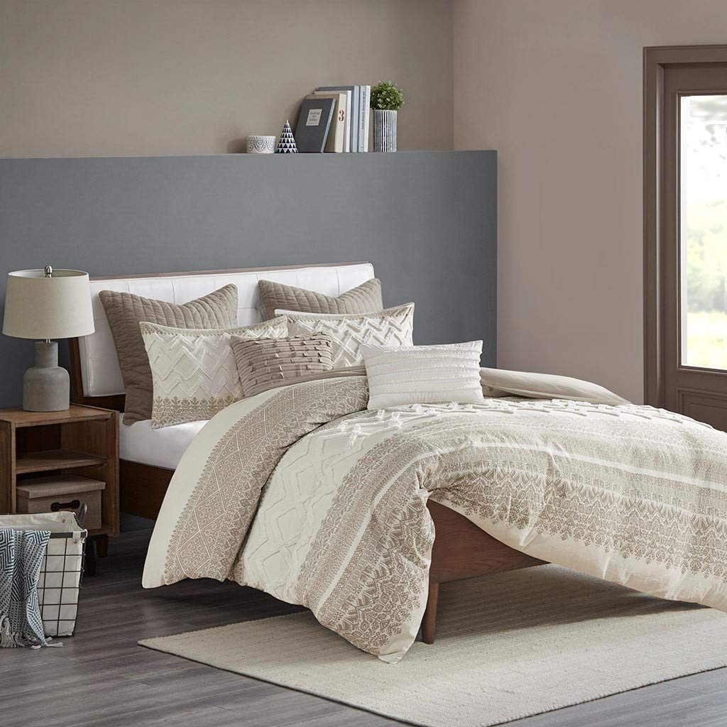 **INK+IVY Queen Comforter Set - Chic Chevron Chenille Tufting Boho Bedding, All-Season Lightweight Cotton Comforter with 2 Shams, Mila Taupe (3-Piece) - Perfect for Cozy Bedrooms & Boho Home Decor**