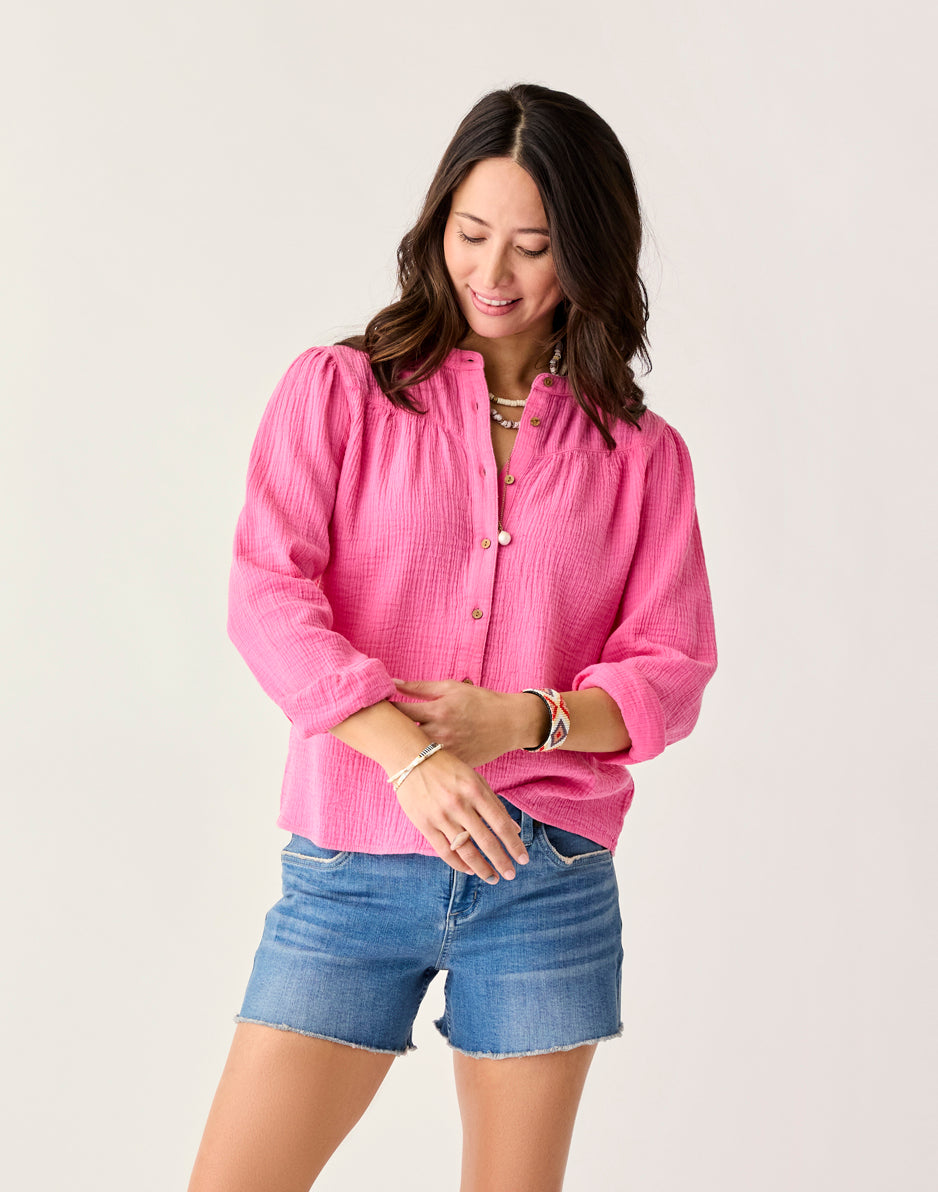 Tatum Double Gauze Shirt for Women - Soft & Breathable Hot Pink Blouse - Perfect for Summer Outfits, Beach Cover-ups & Casual Wear